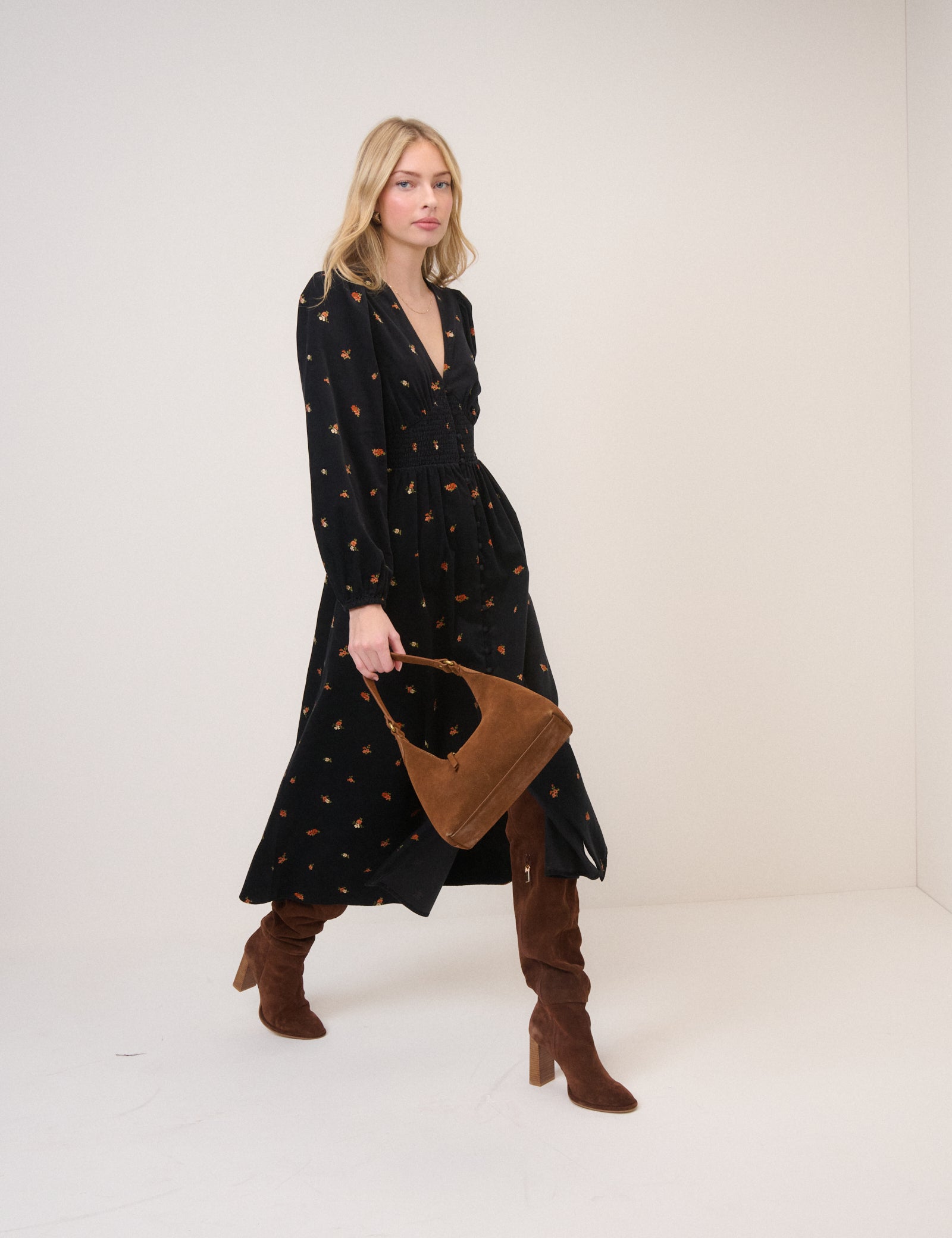 Black Cord Floral Riley Shirred Waist Midi Dress