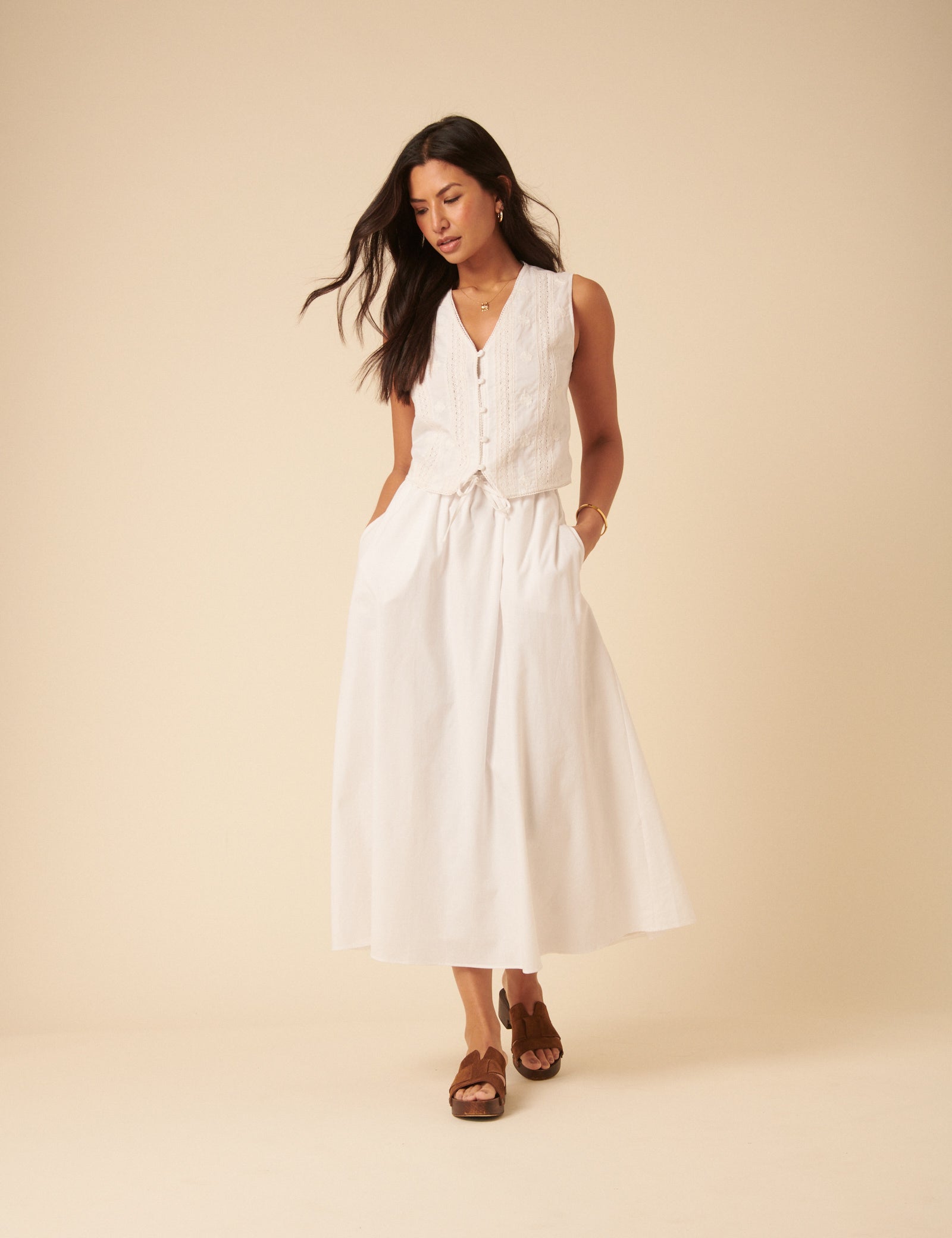 White Drawstring Midi Skirt