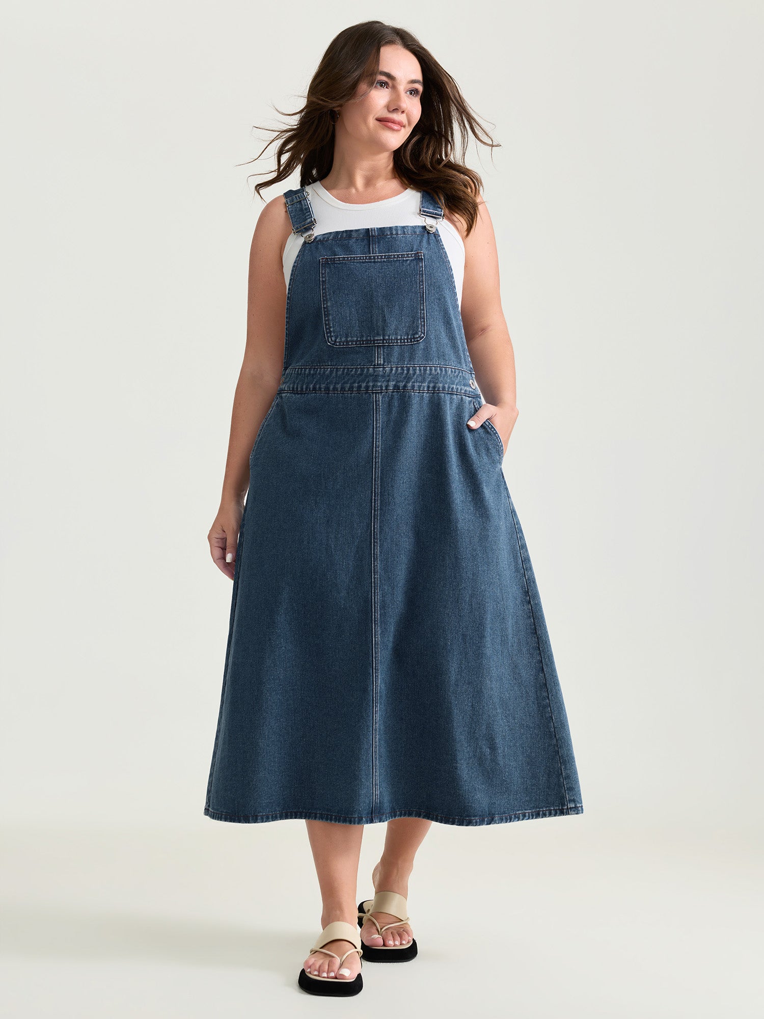 Cotton Adjustable Back Slit Overall Midi Denim Dress