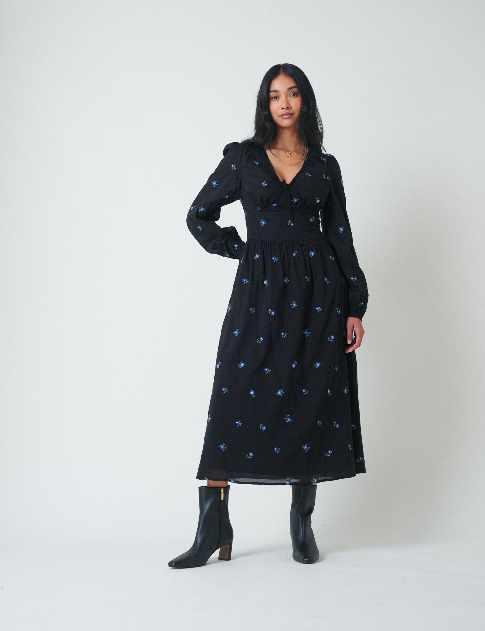 Navy Floral Embroidered Balloon Sleeve Alysia Midi Dress