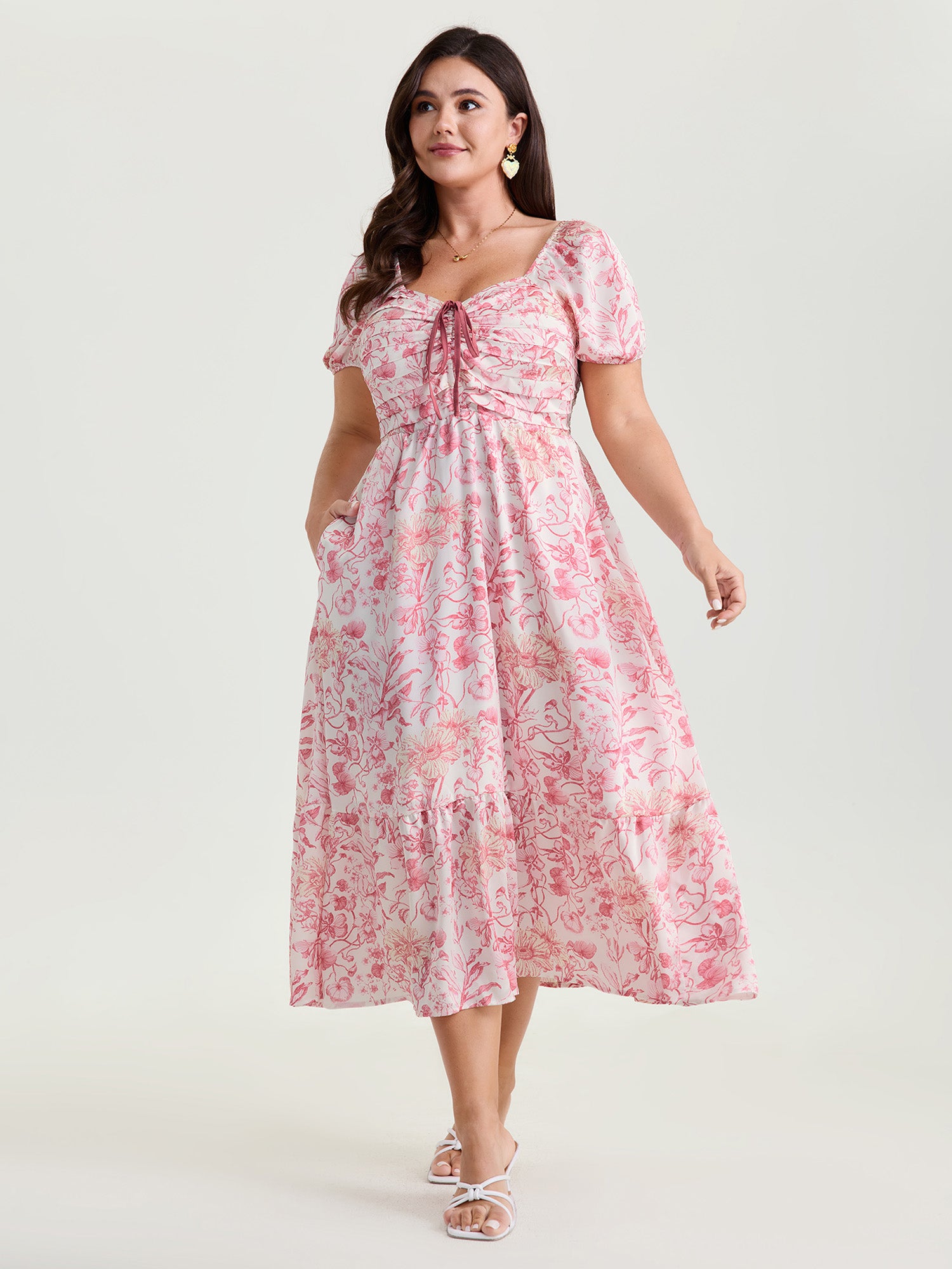 Romantic Floral Ruched Bodice Stretchy Waist Midi Dress