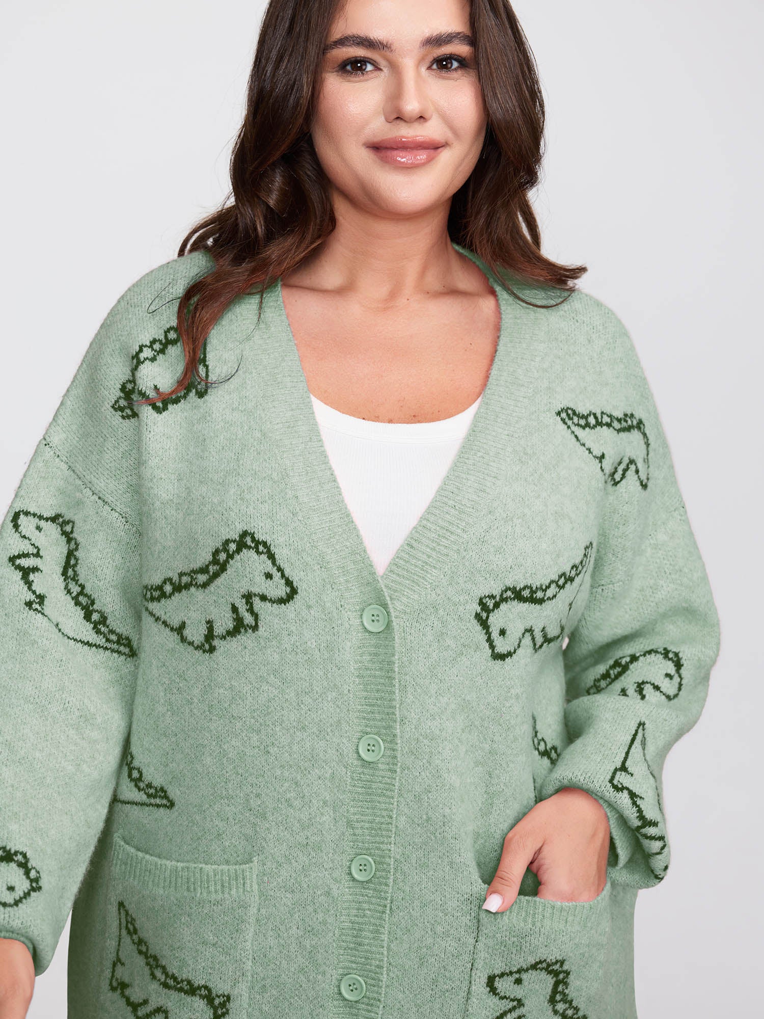 Jacquard Dinosaur Print Knit Cardigan