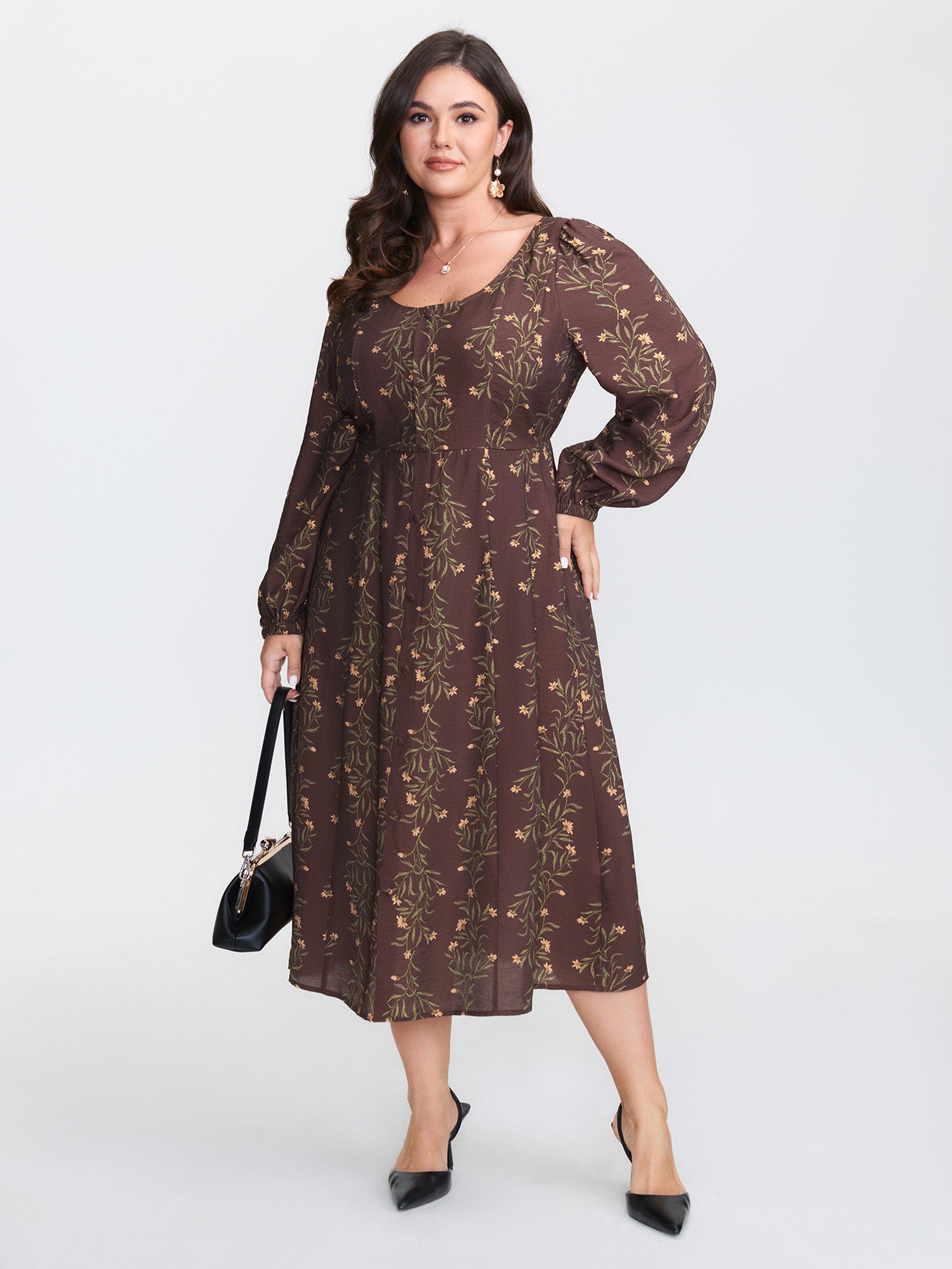 Floral Print Button Detail Round Neck Midi Dress