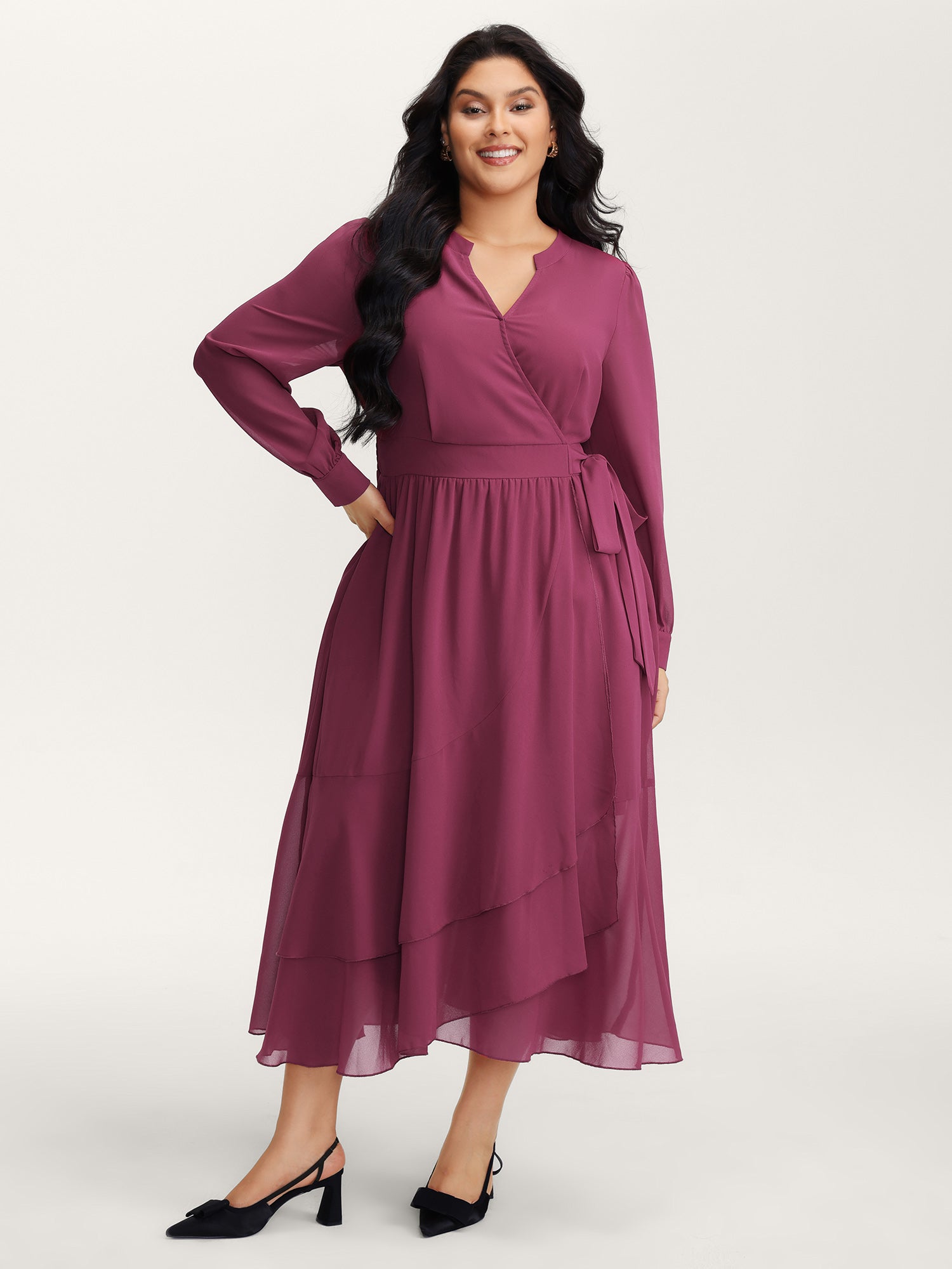 Chiffon Wrap Tie Layered Ruffled Maxi Dress