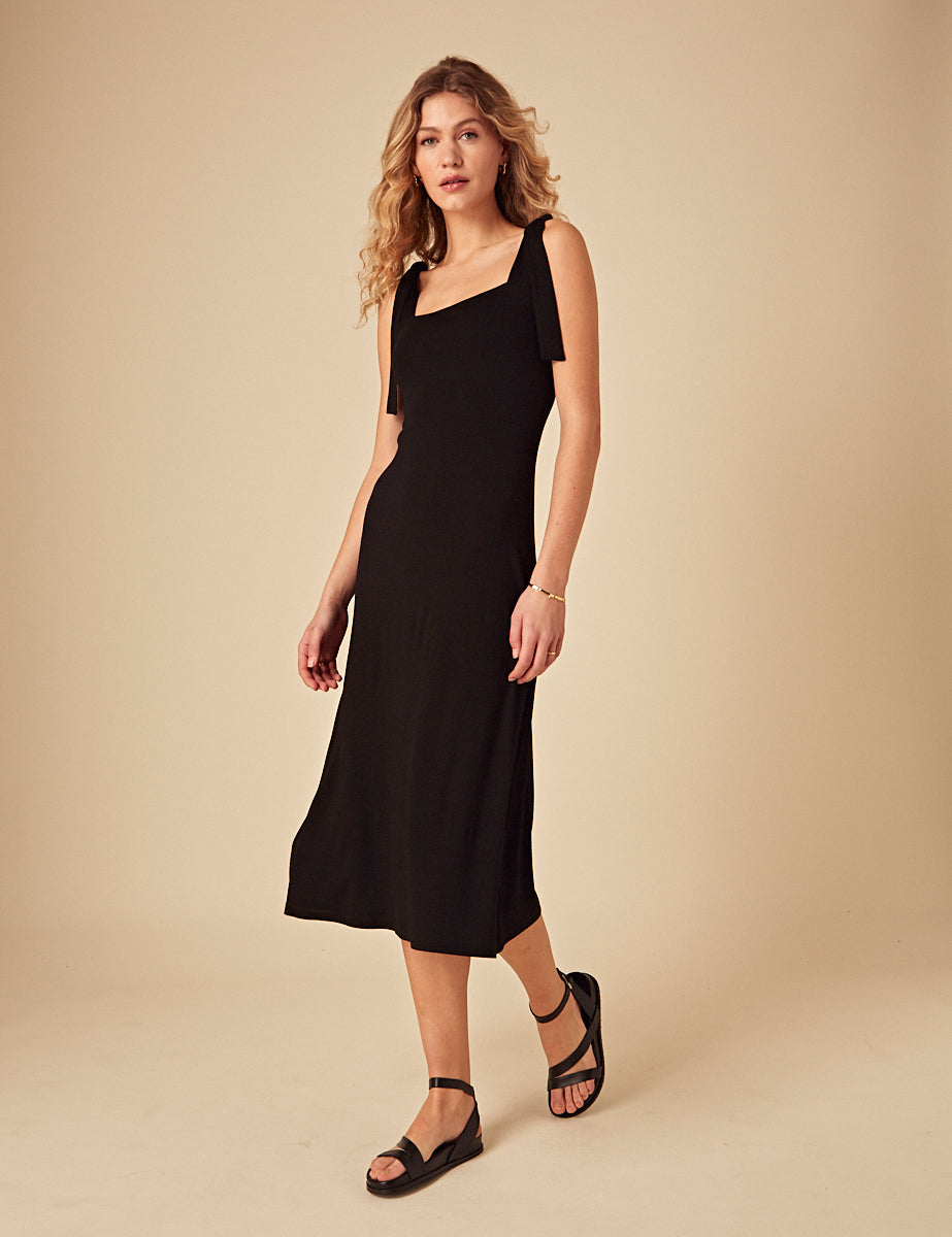 Black Tie Shoulder Adrian Midi Dress