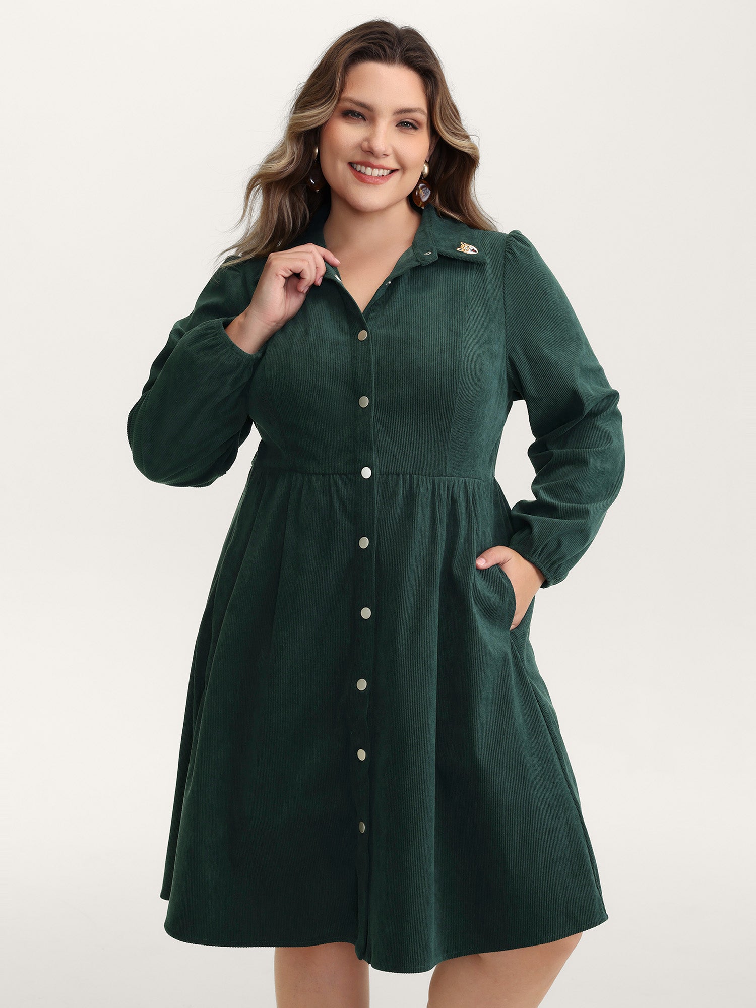 Corduroy Embroidered Midi Shirt Dress