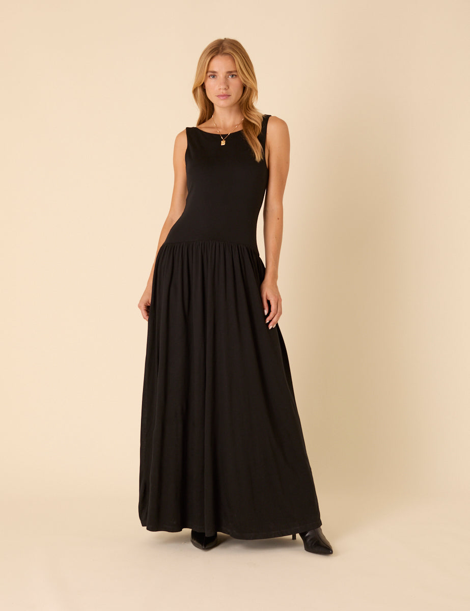 Black Drop Waist Camille Midi Dress