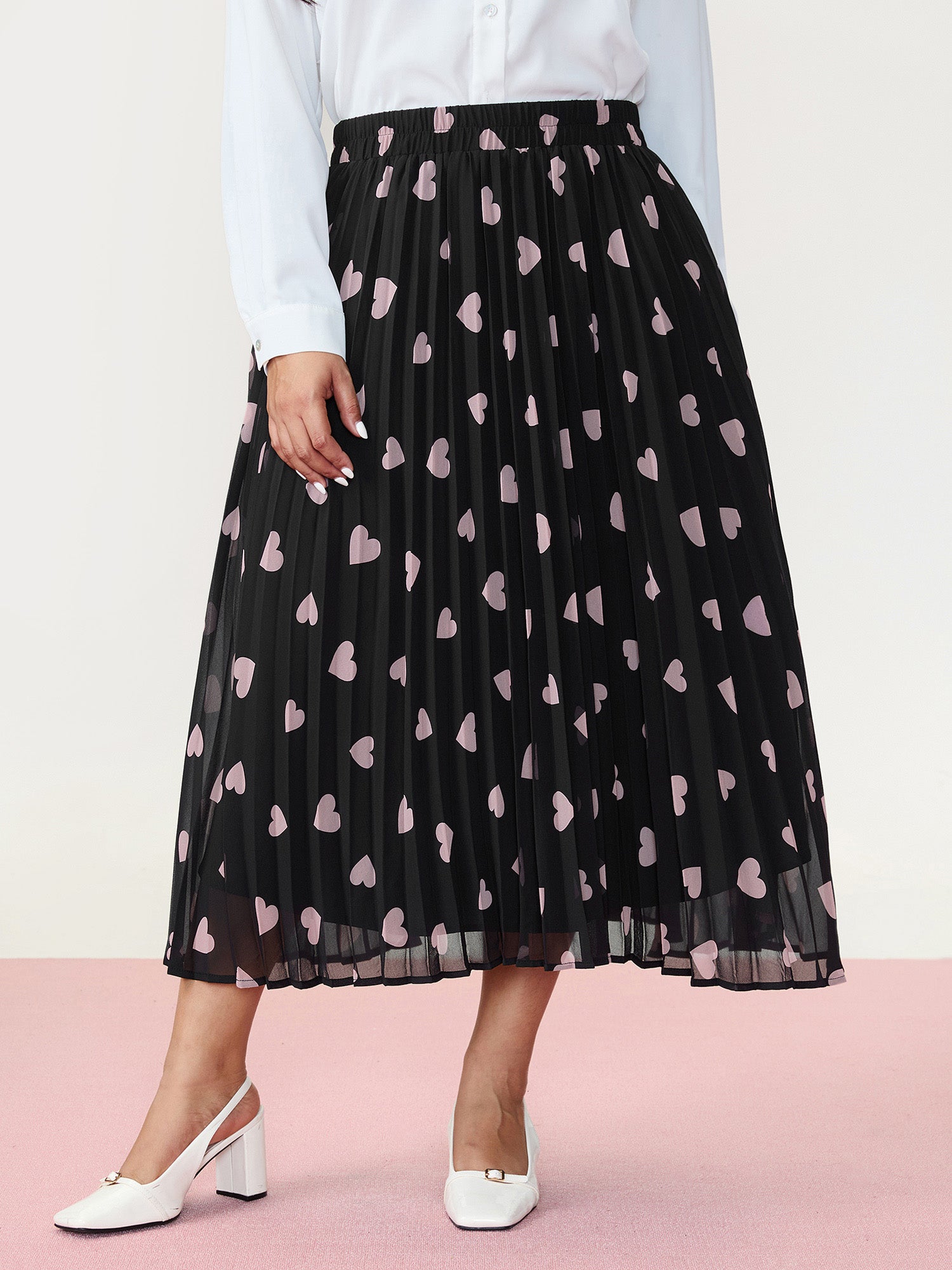 Heart Mesh Pleated Maxi Skirt
