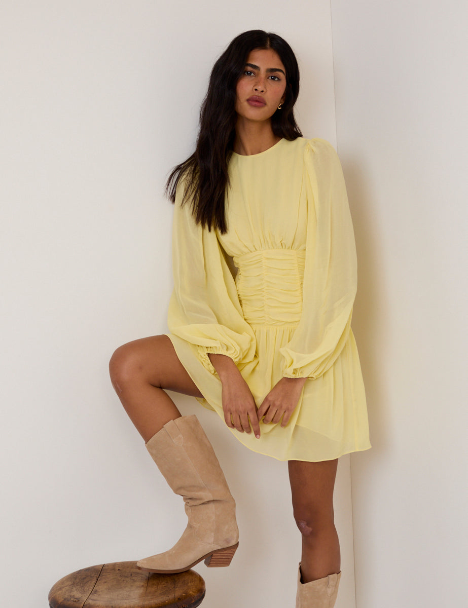 Yellow Balloon Sleeve Reese Mini Dress
