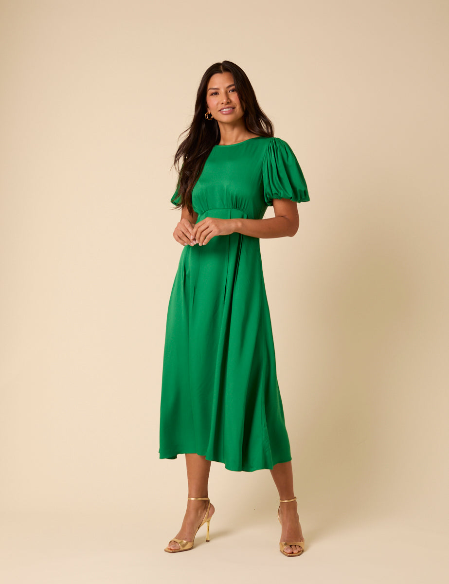 Green Satin Puff Sleeve Quinn Midi Dress
