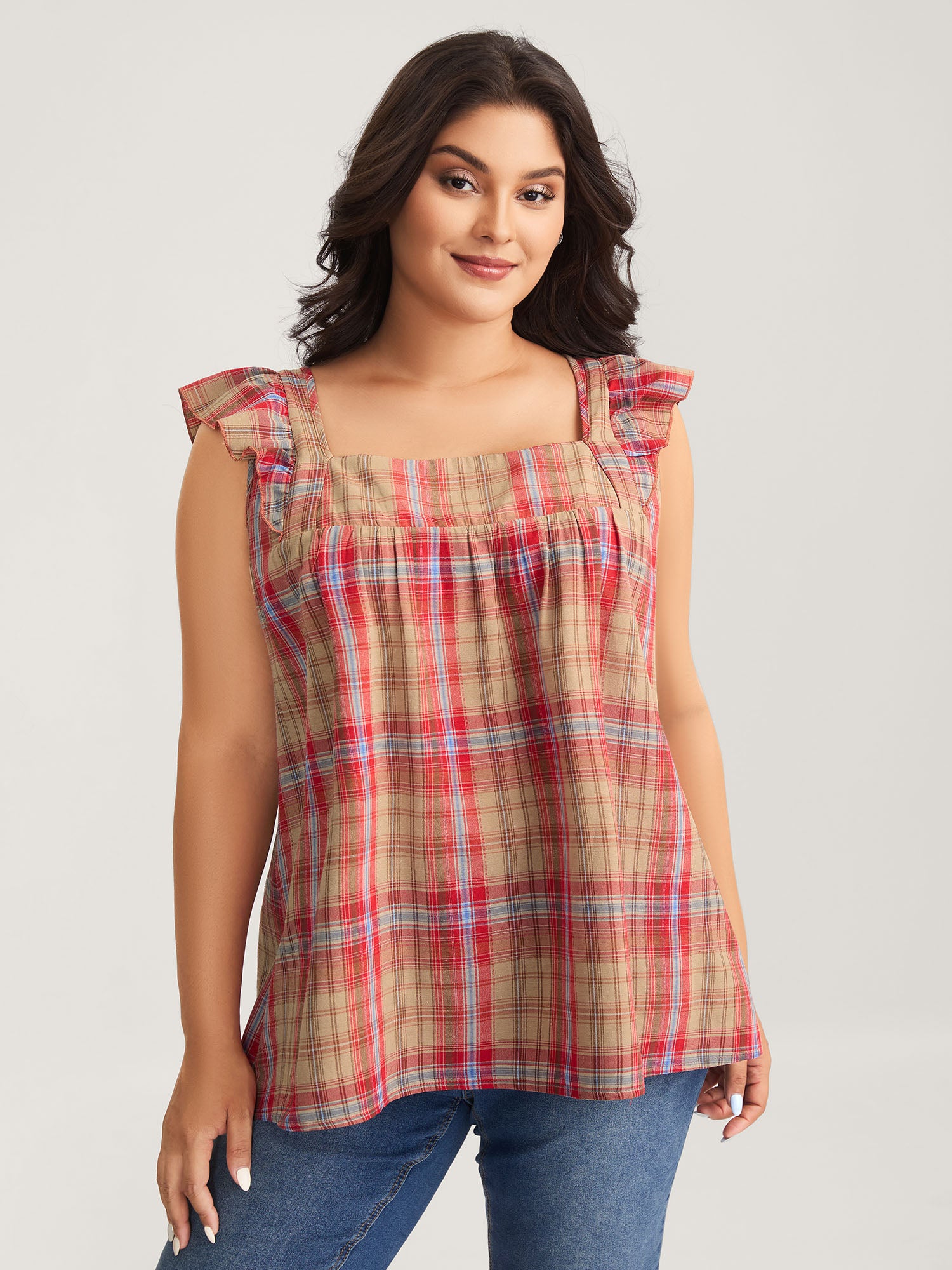 Plaid Print Flutter Sleeve Pleated Blouse
