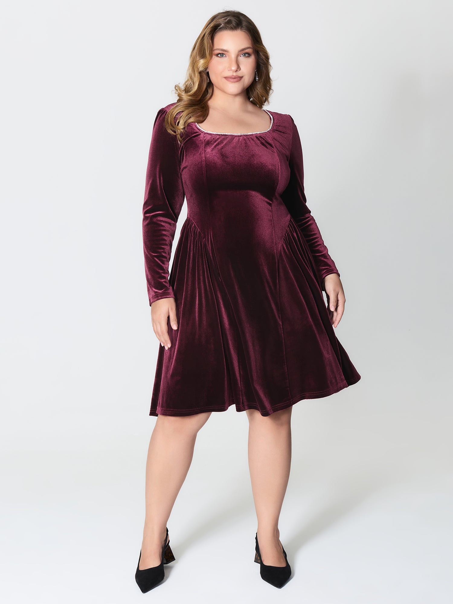 Velvet Structured Pleated Bodice Midi Dress