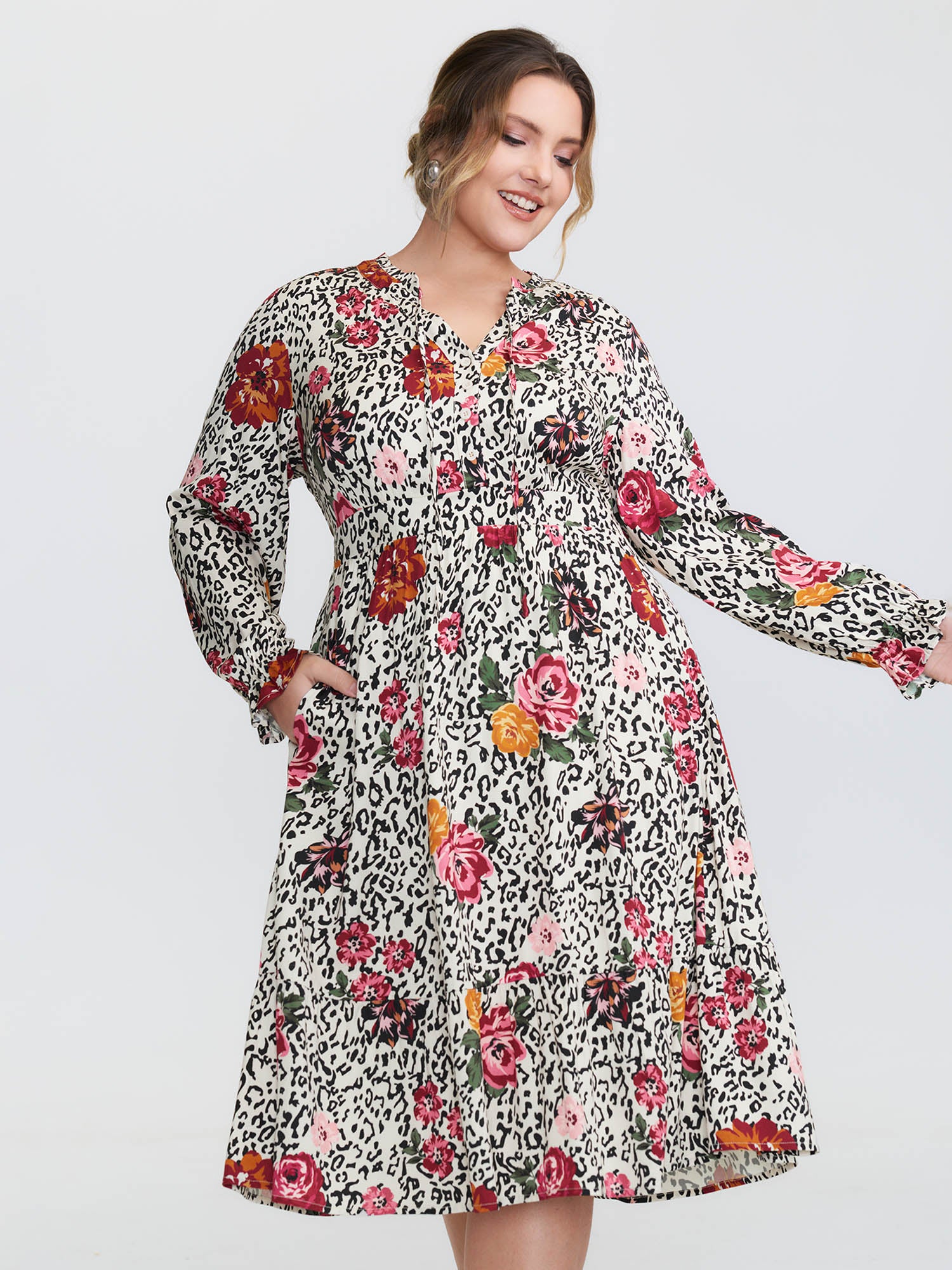 Leopard Floral Print Shirred Waist Midi Dress