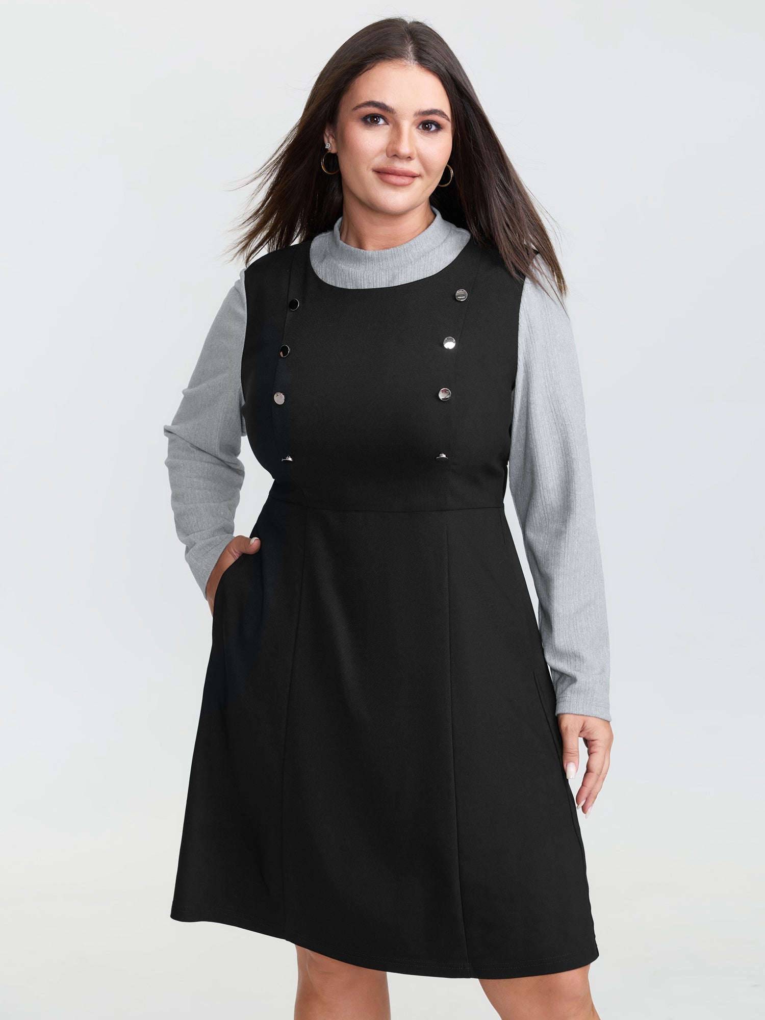 2-In-1 Button Detail Waist-Defining Midi Dress