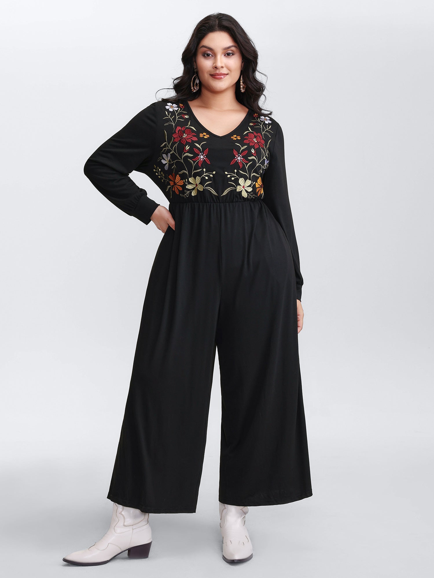 Floral Embroidered Bodice Stretchy Jumpsuit