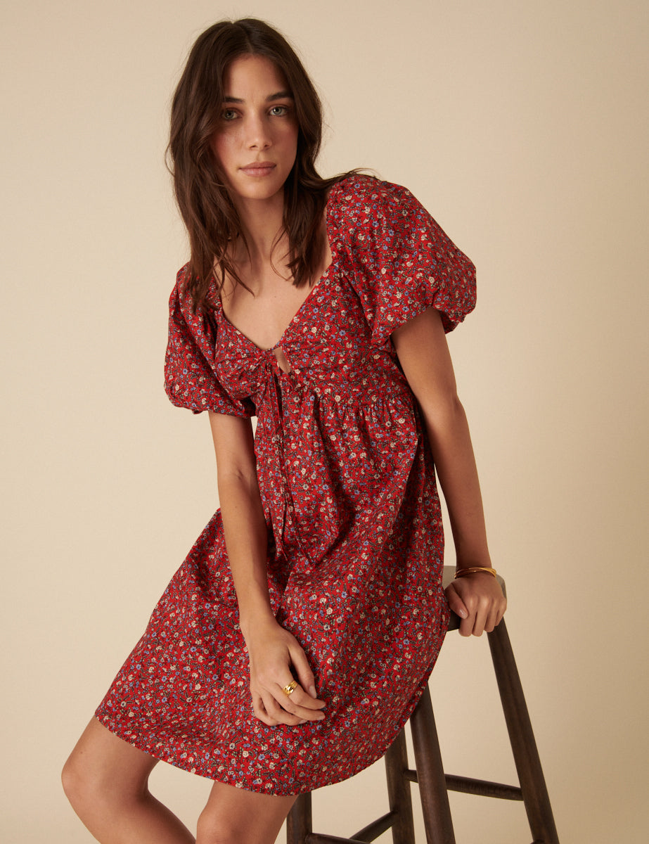Red Ditsy Floral Puff Sleeve Joanna Mini Dress