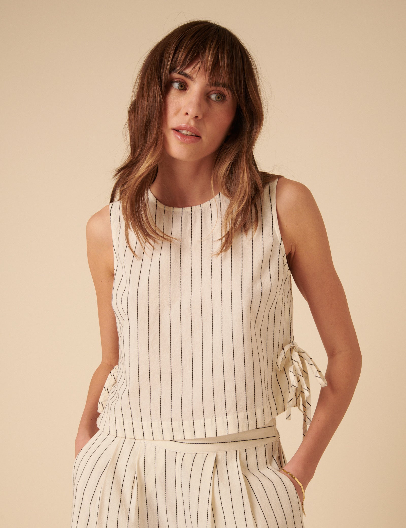 Cream Pinstripe Swing Top
