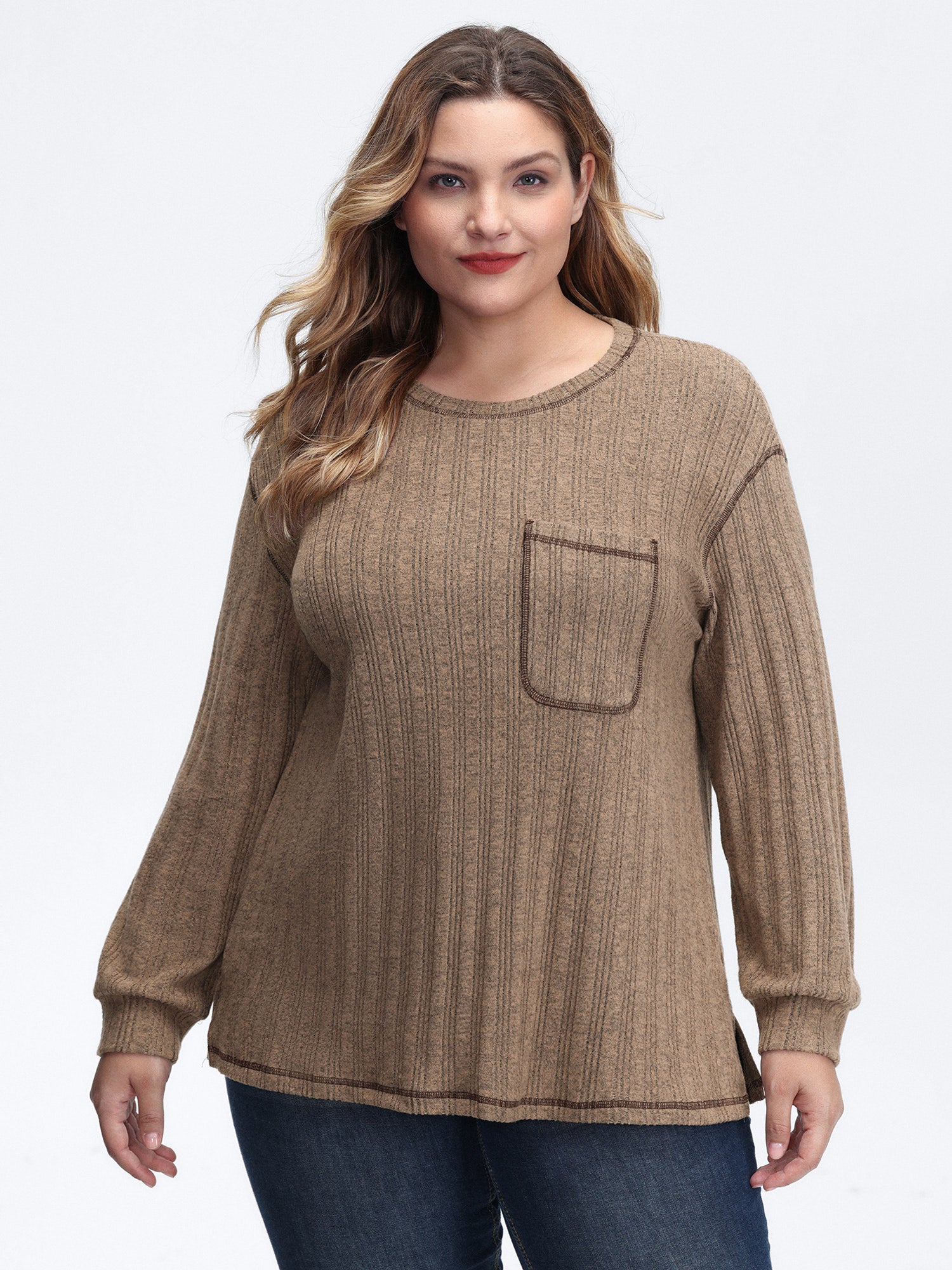 Textured Patch Pocket Round Neck Sweatshirt