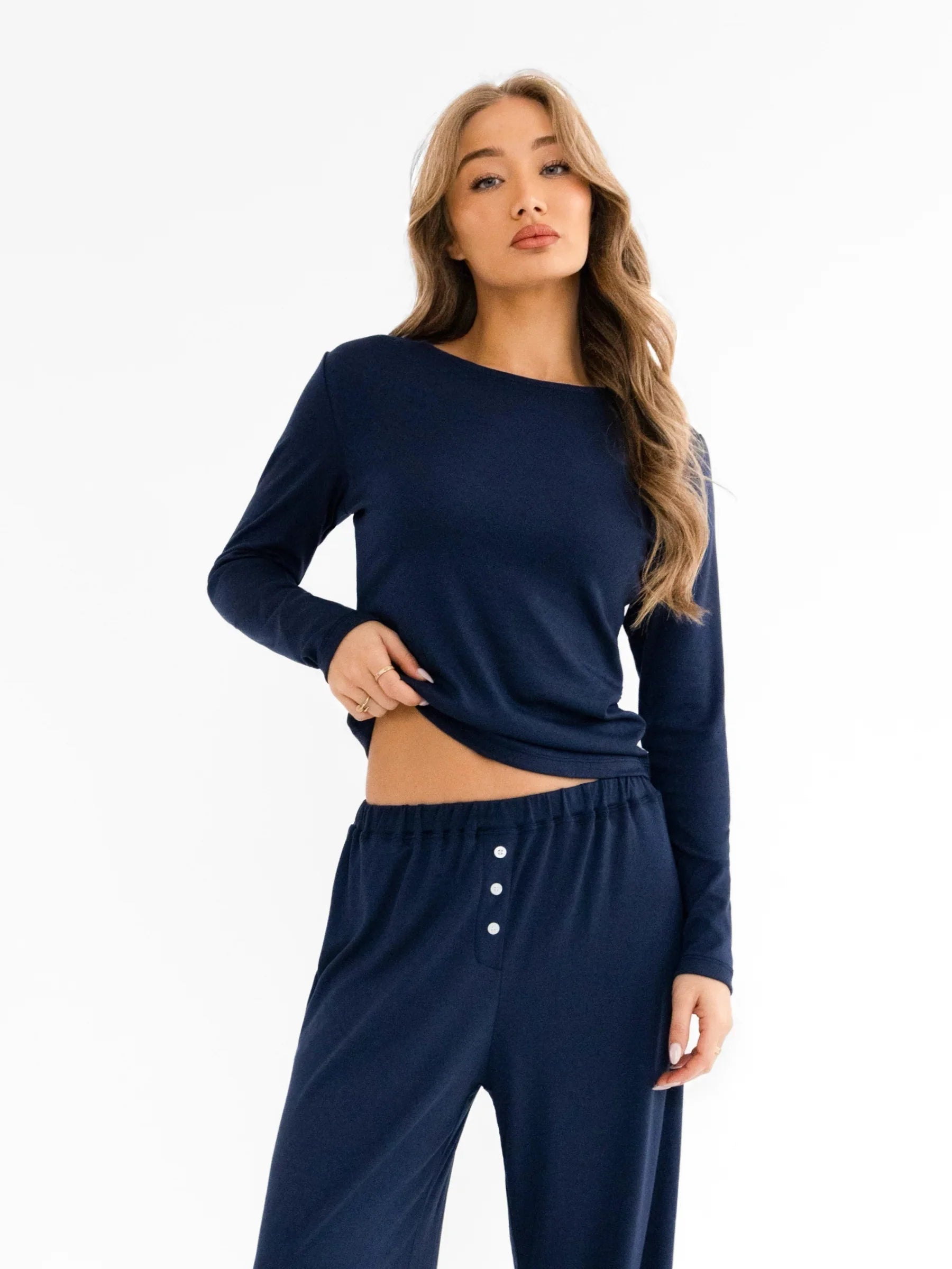 Rosie Pointelle Long Sleeve Top - Light Navy
