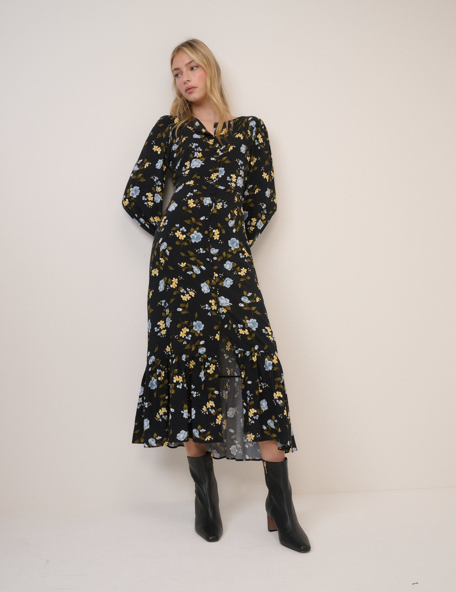 Black Floral Amara Midi Dress