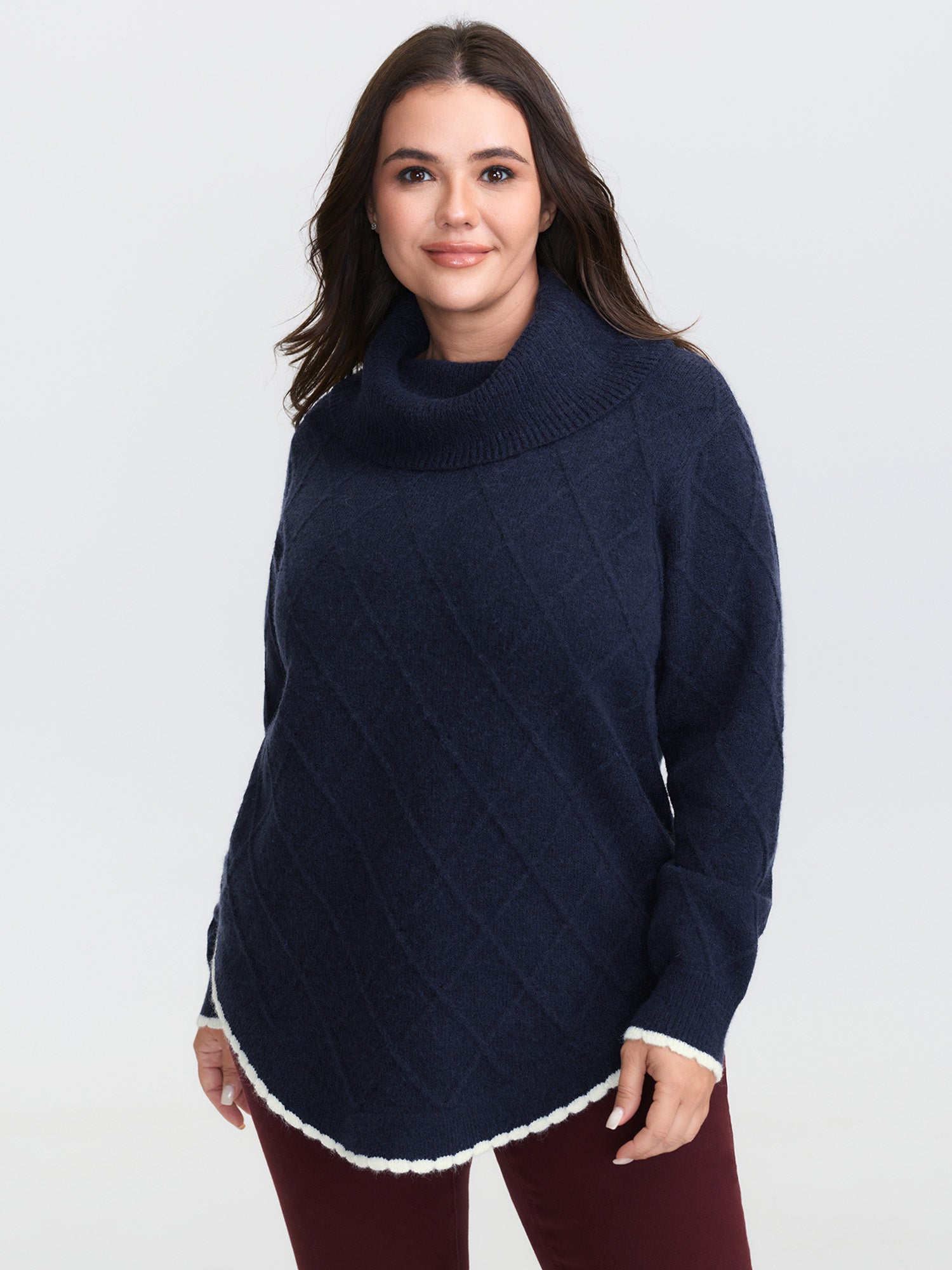 Curvy Contrast Hem Textured Turtleneck Pullover