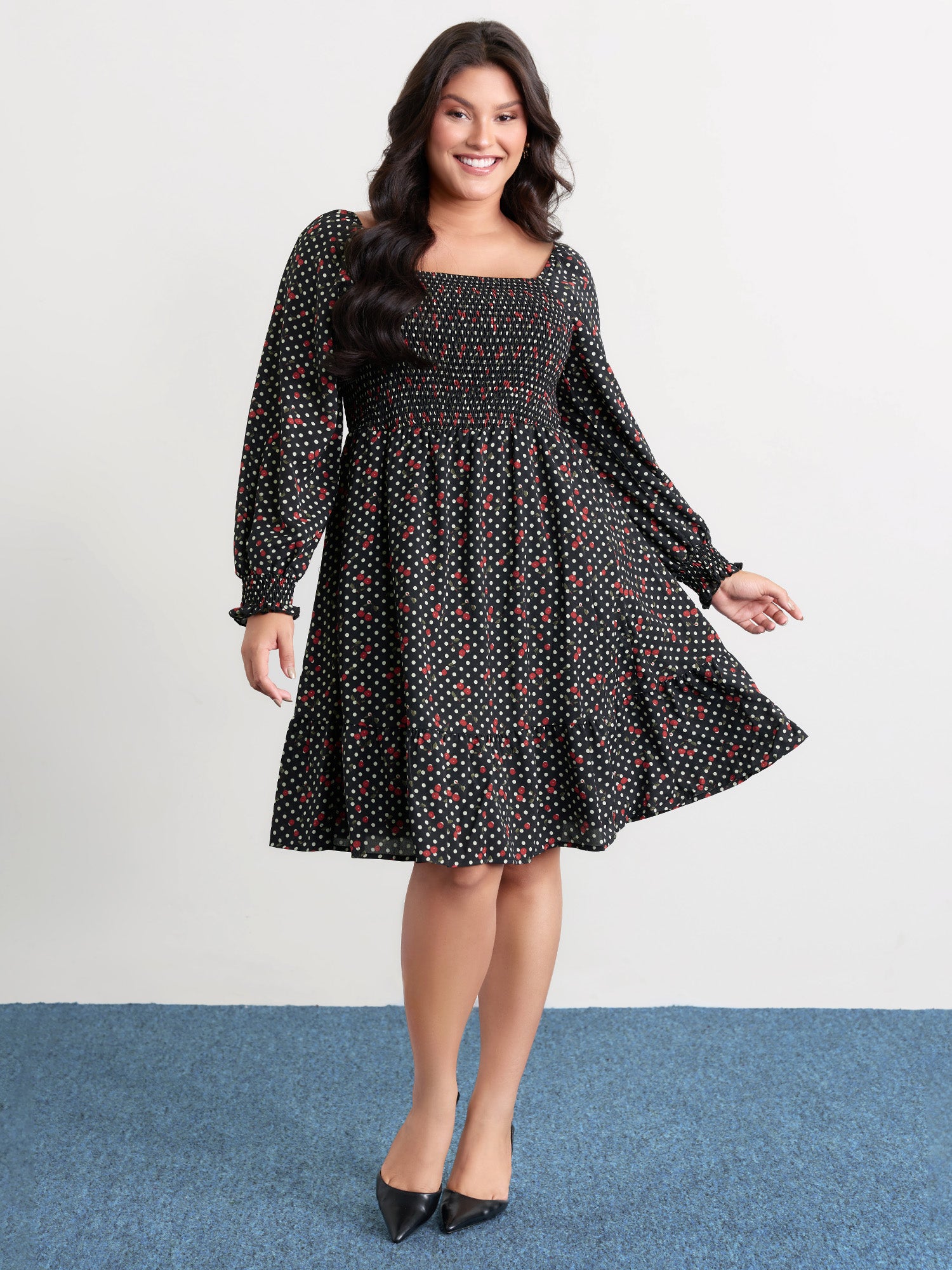 Polka Dots Cherry Shirred Bodice Knee Dress