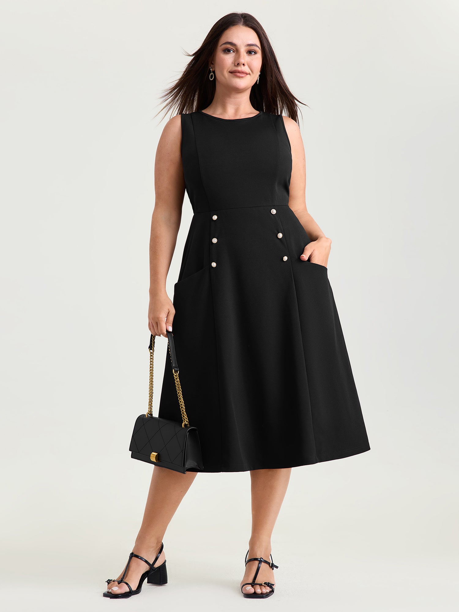 Stretchy Button Detail Fit And Flare Midi Dress