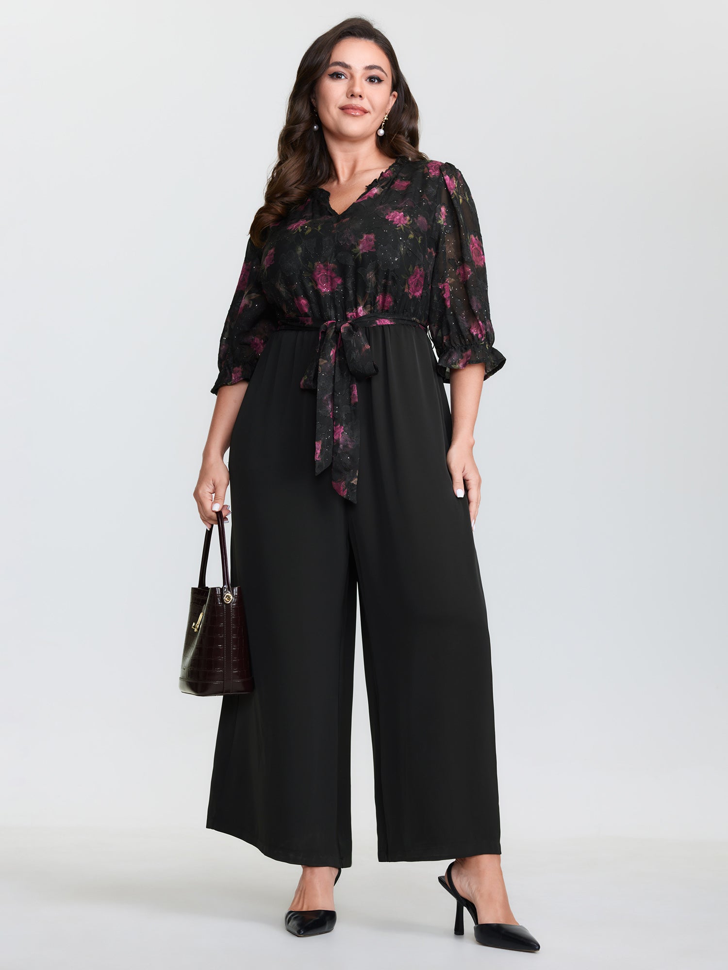 Floral Print Laser Cut Waist Tie Jumpsuit