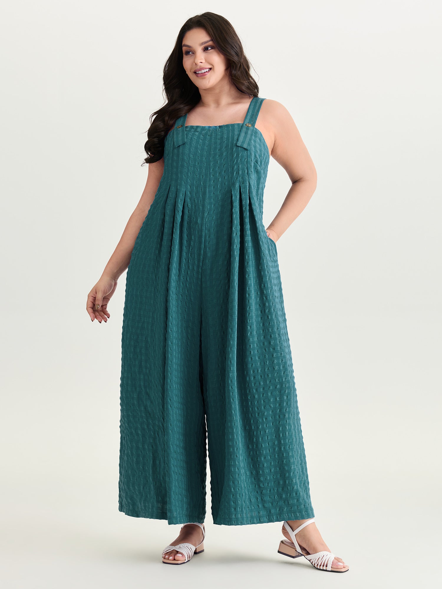 Check Print Pleated Adjustable Overall Jumpsuit