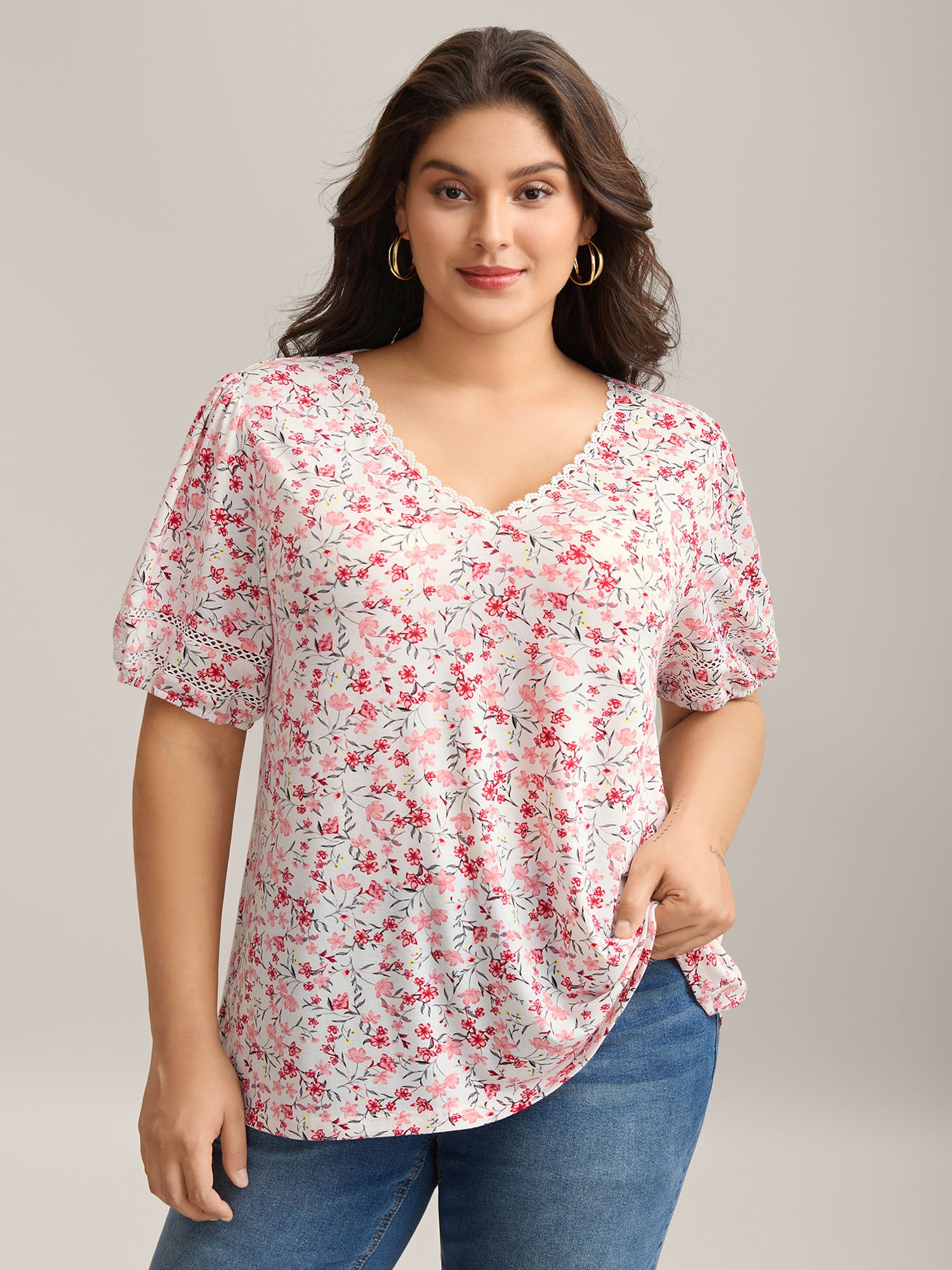 Floral Print Colorful Lace Knit Top