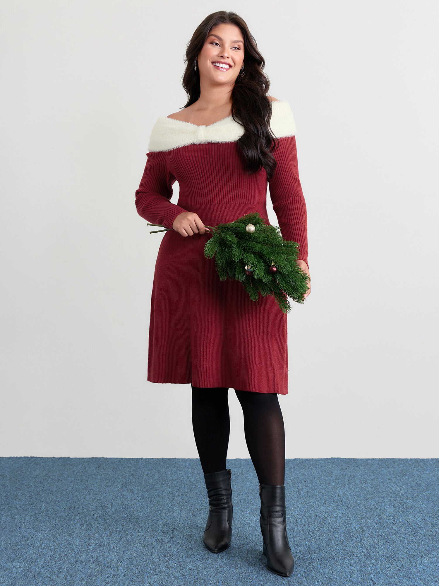 Fuzzy Off-Shoulder Color Block Sweater Dress