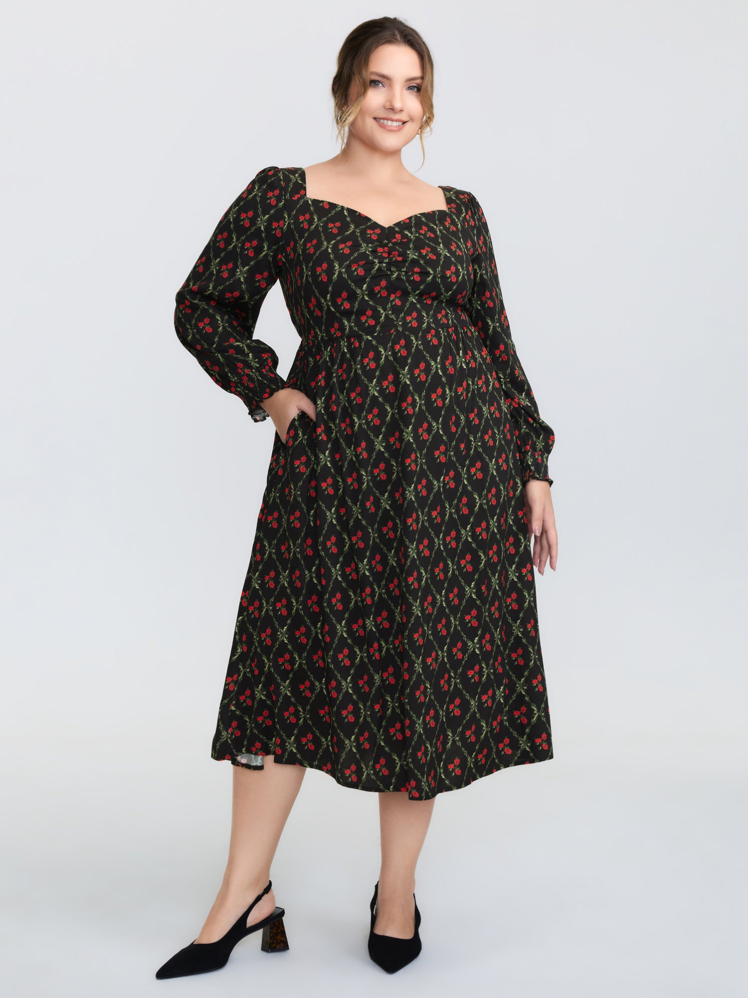 Floral Print Square Neck Ruched Midi Dress
