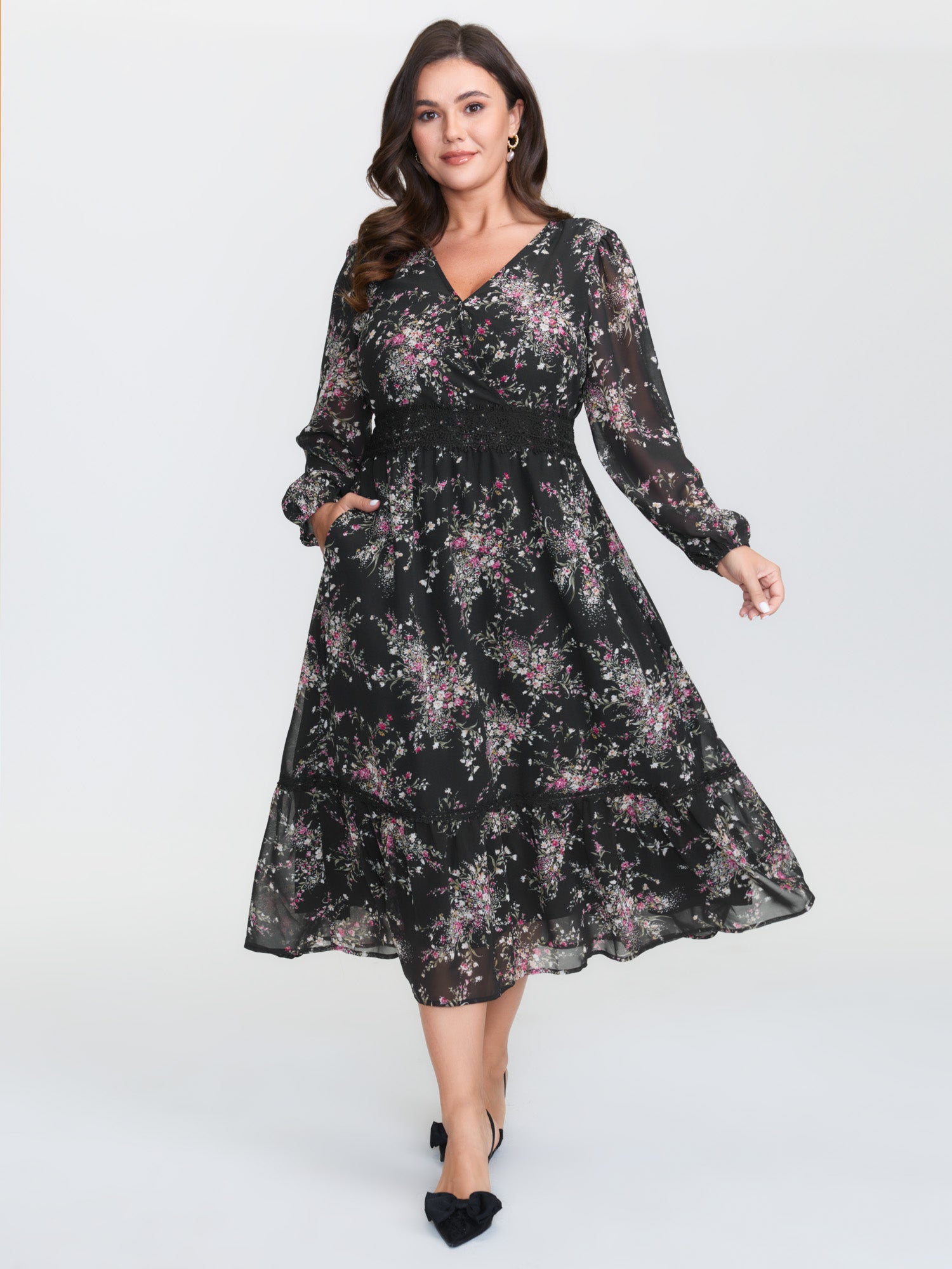 Soft Floral Print Lace Trim Midi Dress
