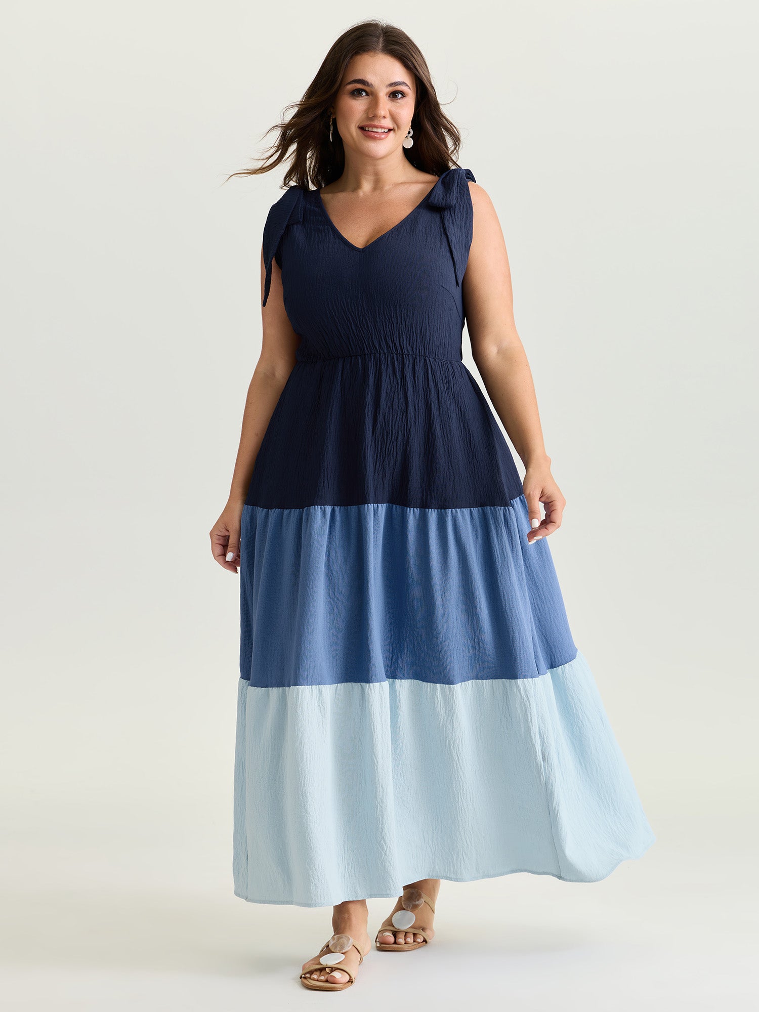 Colorblock Shoulder-Tie Tiered Maxi Dress
