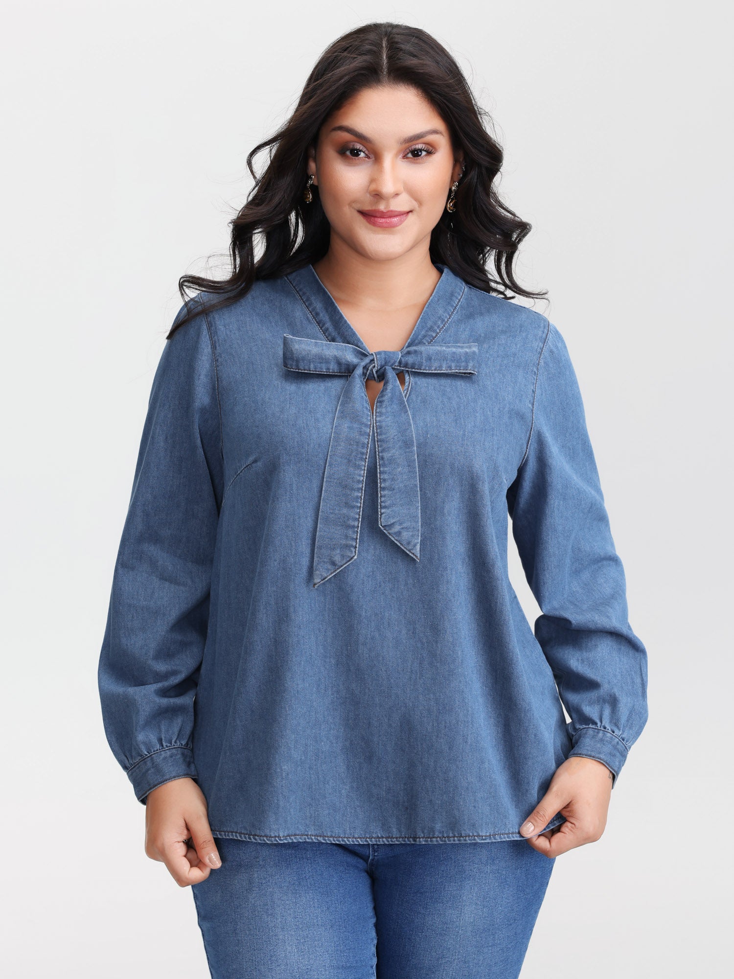 Adjustable Tie Collar Denim Top