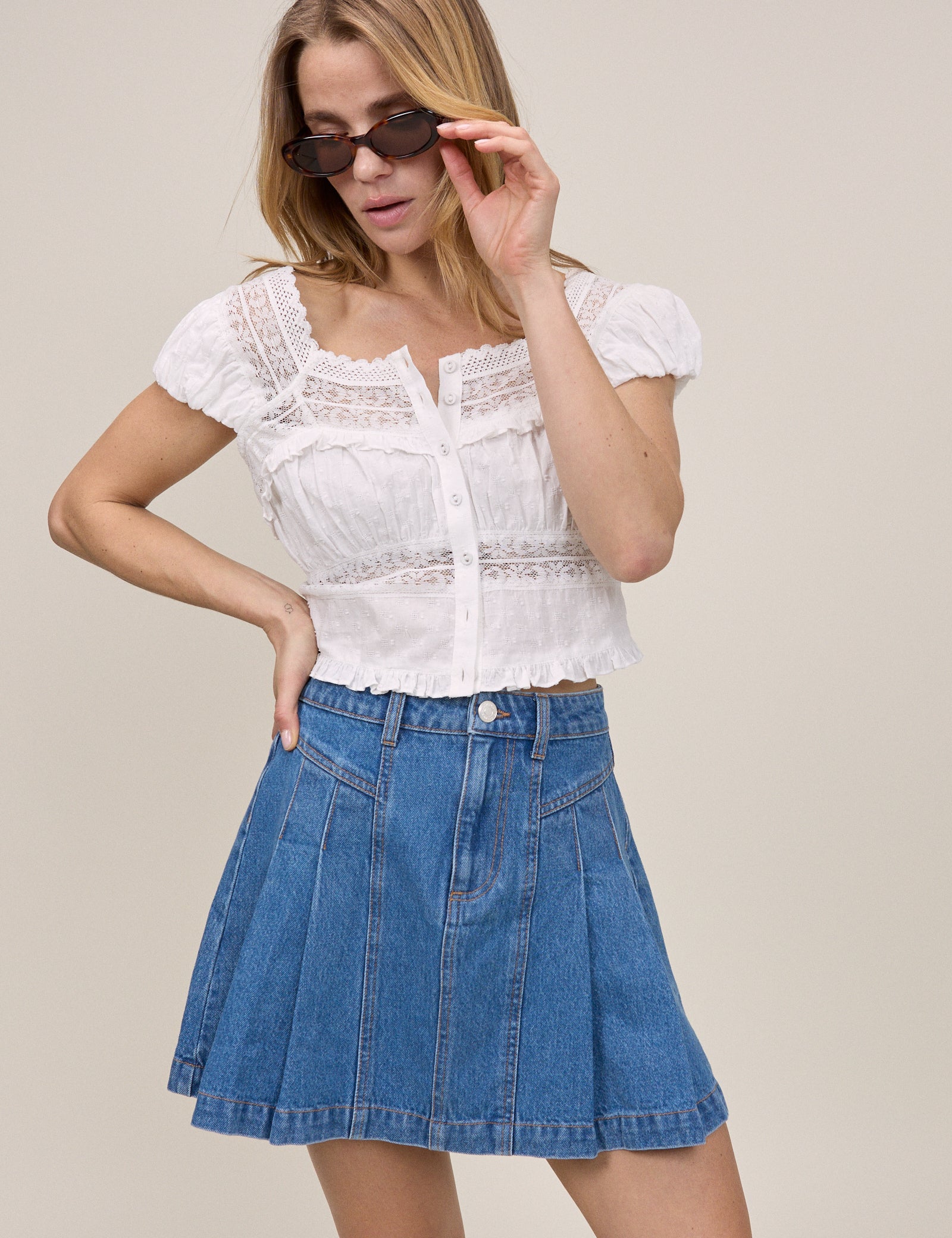 Blue Denim Pleated Mini Skirt