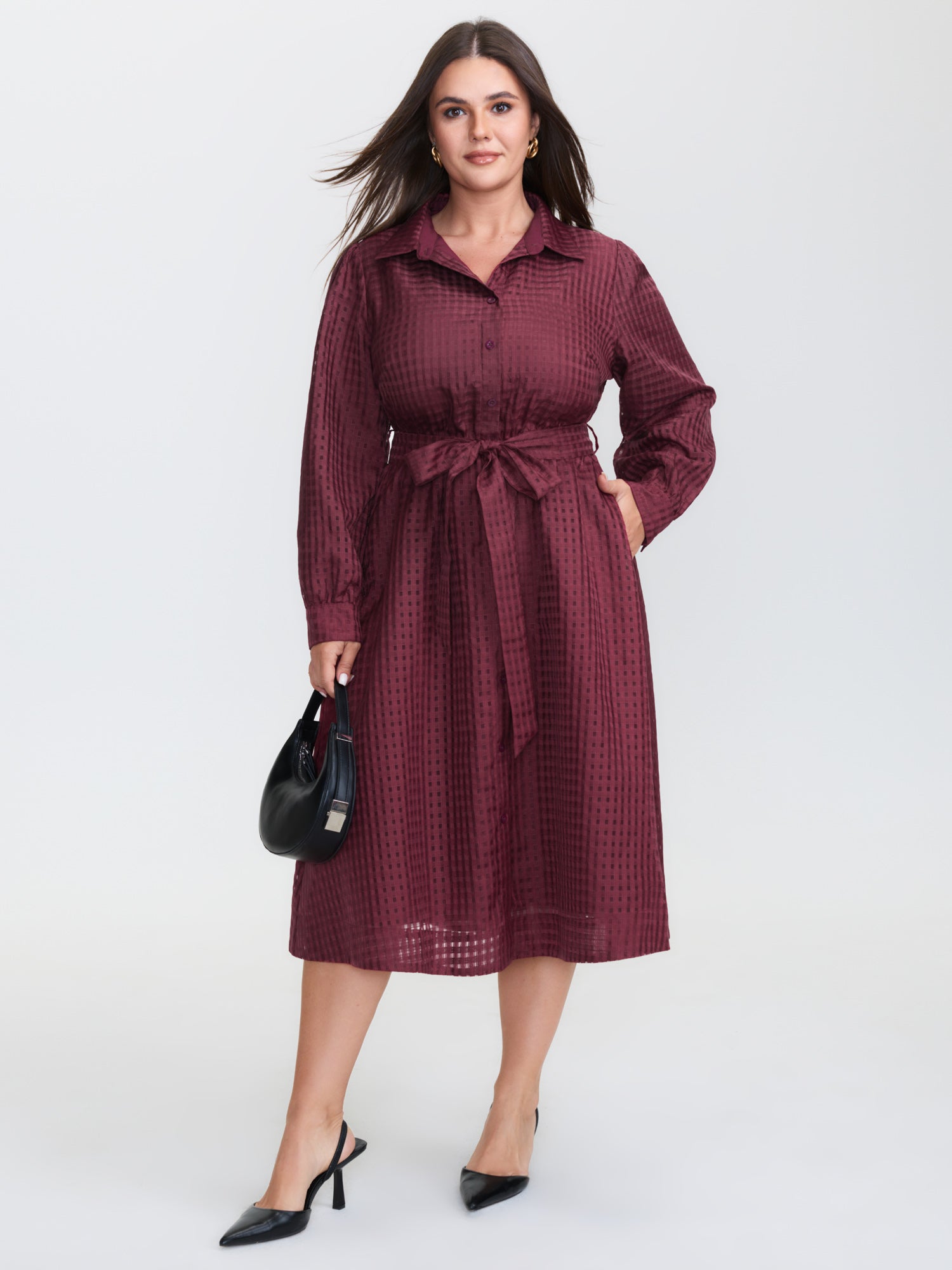 Belted Waist Textured Shirt Midi Dress