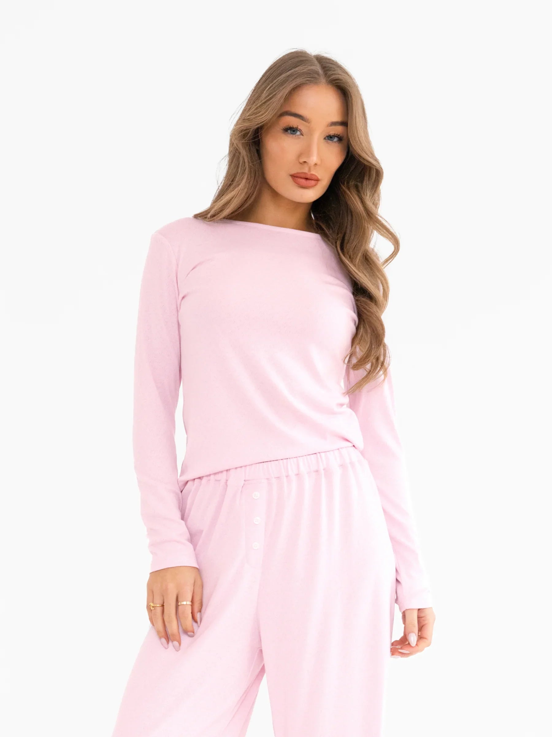 Rosie Pointelle Long Sleeve Top - Pale Pink