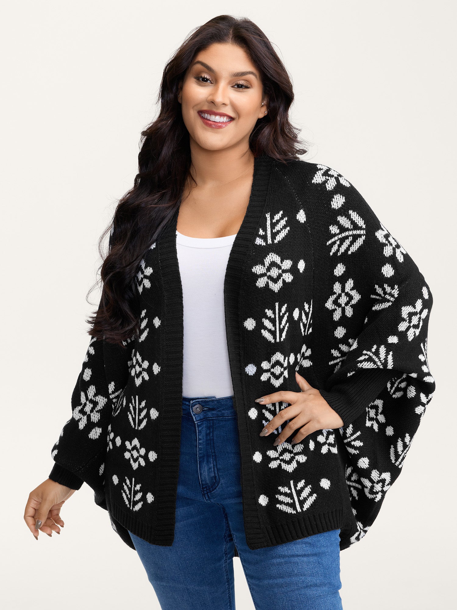 Floral Pattern Cloak-Style Cardigan