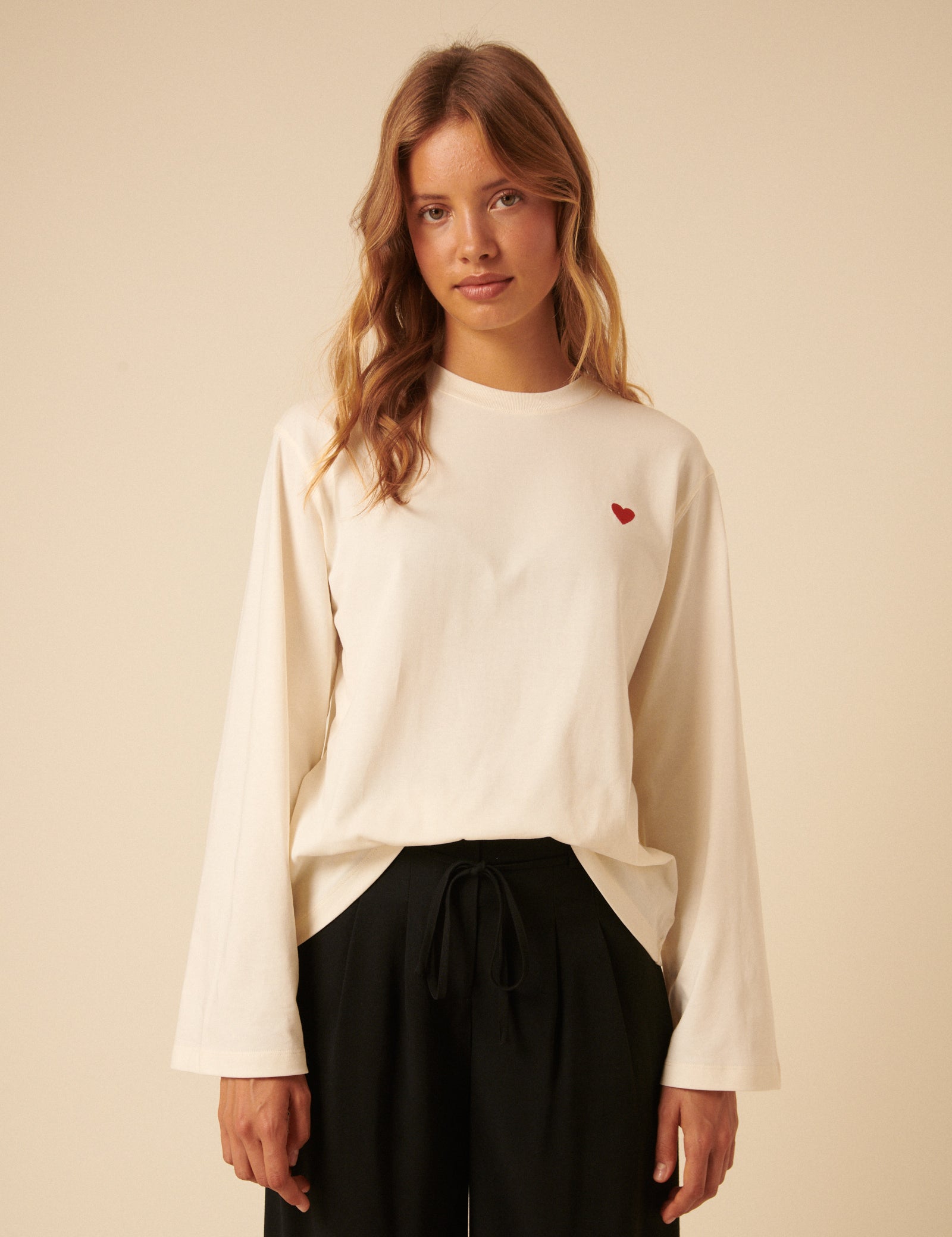 White Wide Long Sleeve Heart T-Shirt