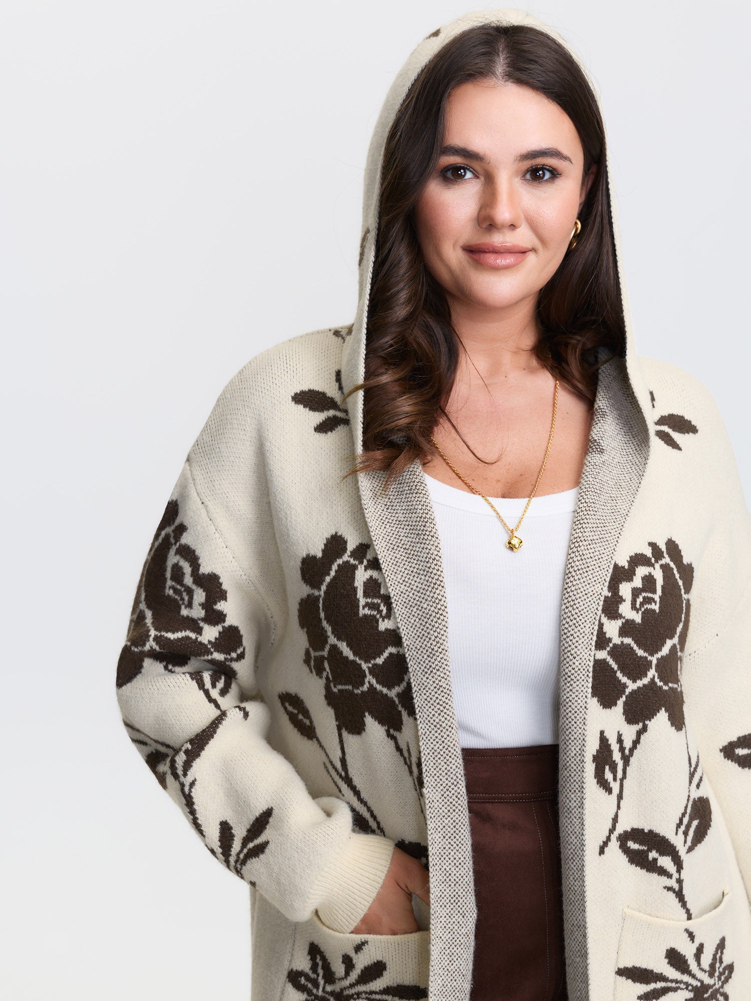 Floral Jacquard Hooded Contrast Knit Cardigan
