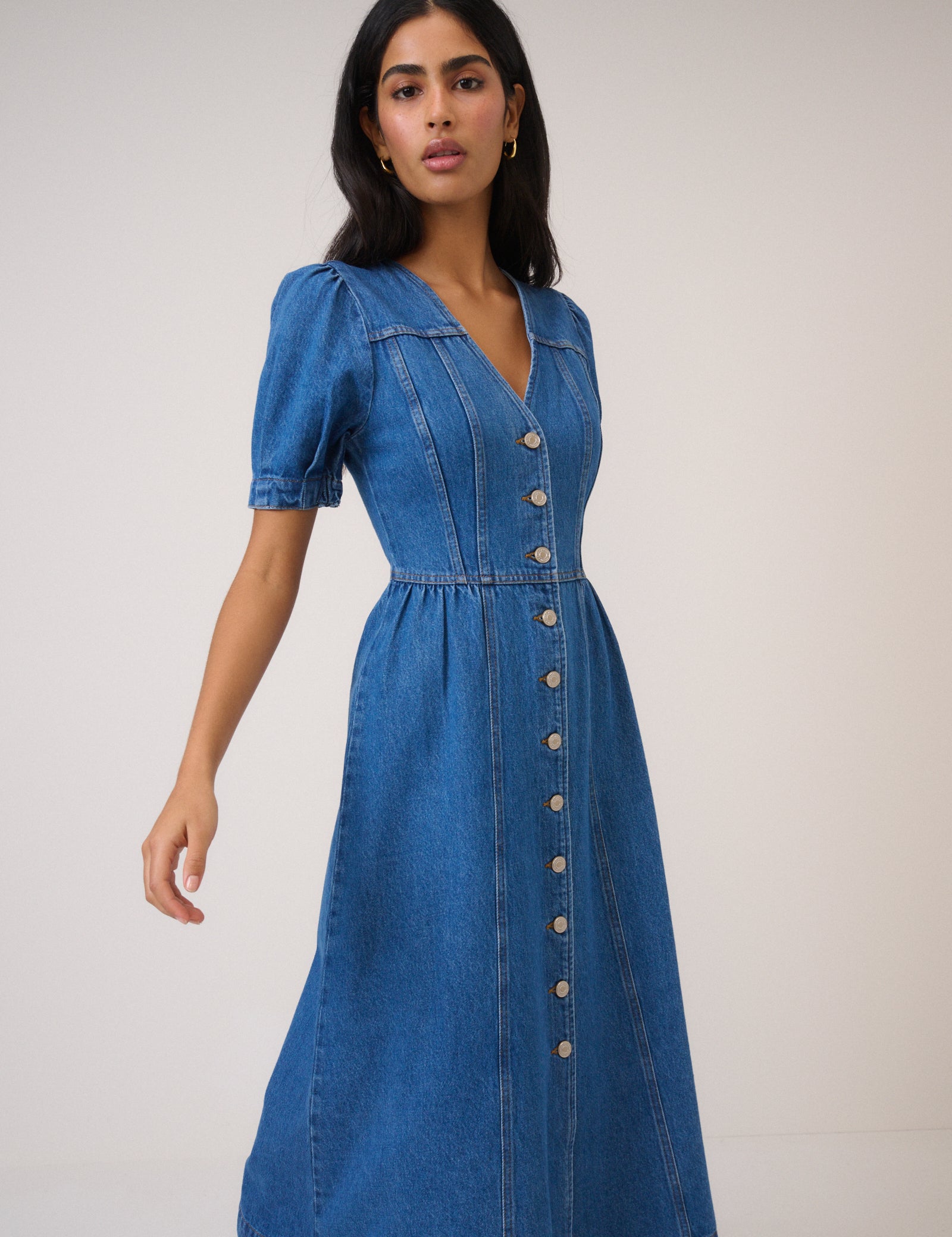 Blue Denim Puff Sleeve Sienna Midi Dress