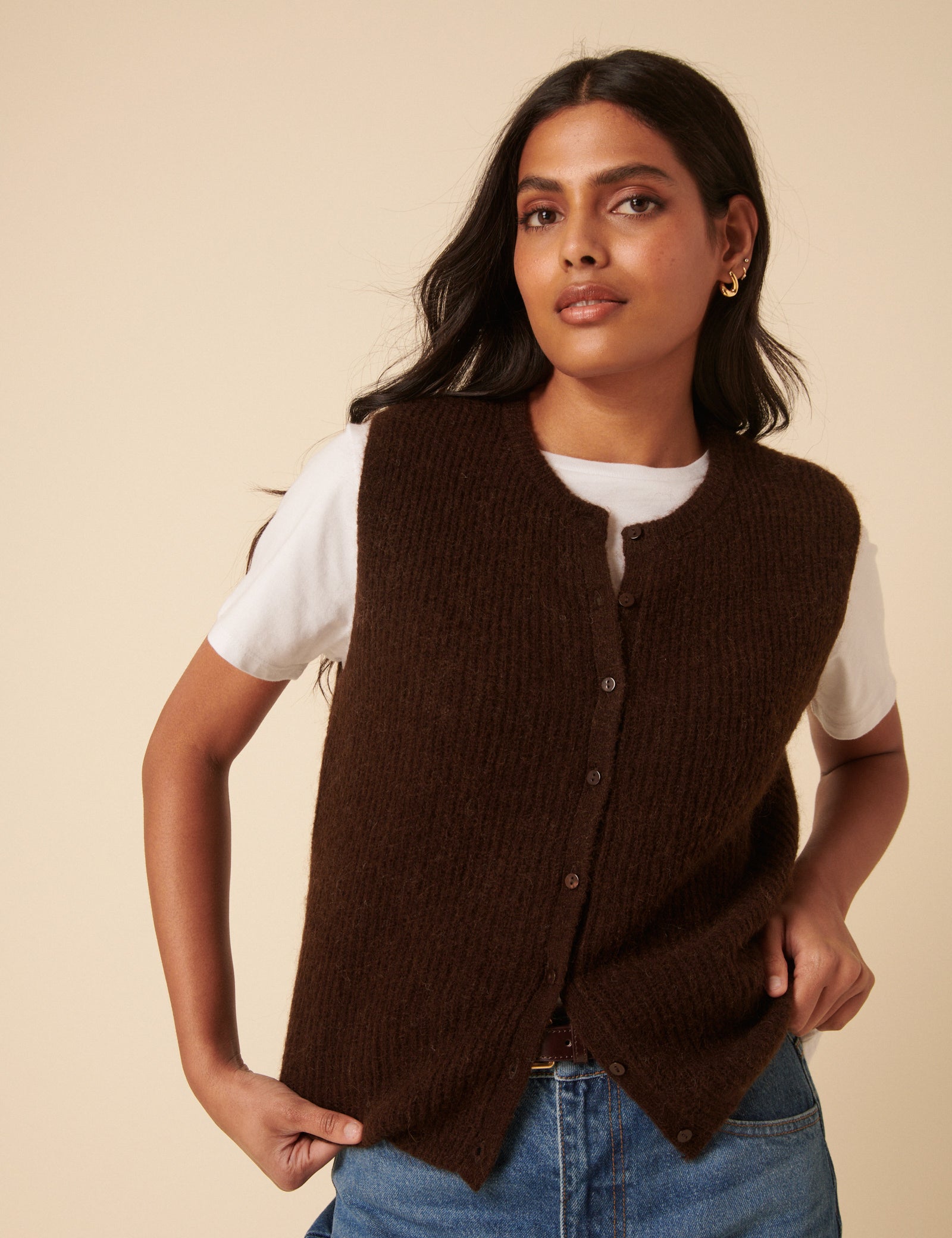 Brown Button Down Mohair Knitted Vest