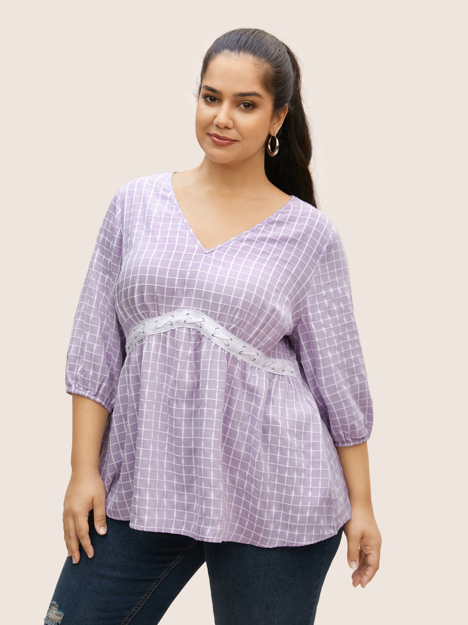 Gingham Patchwork Lantern Sleeve Blouse
