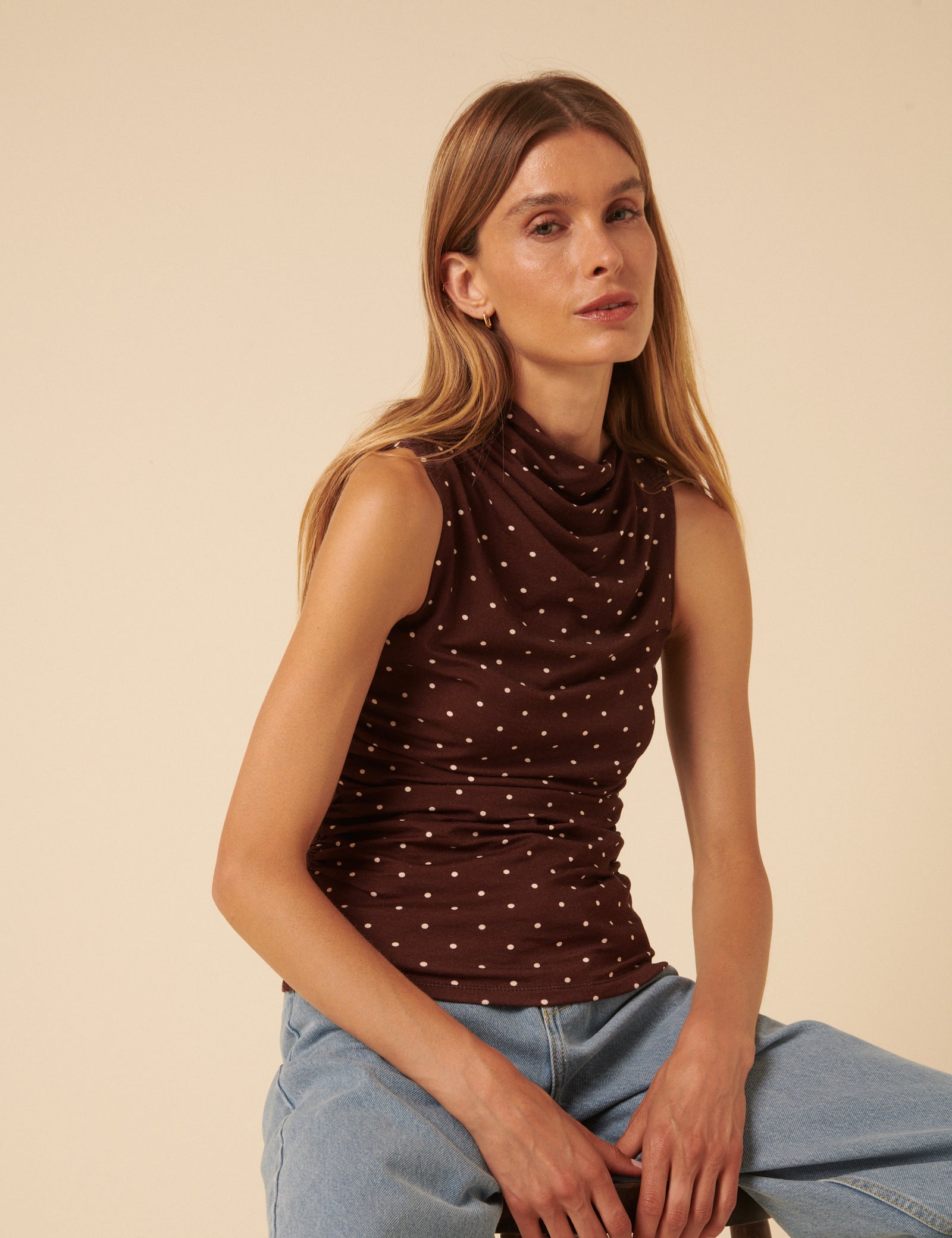 Brown Polka Dot Ruched Top