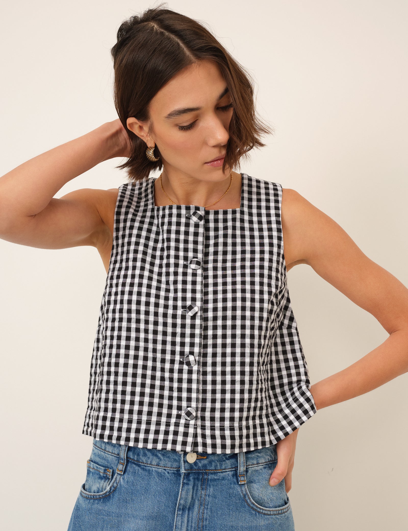 Black Gingham Button Front Top