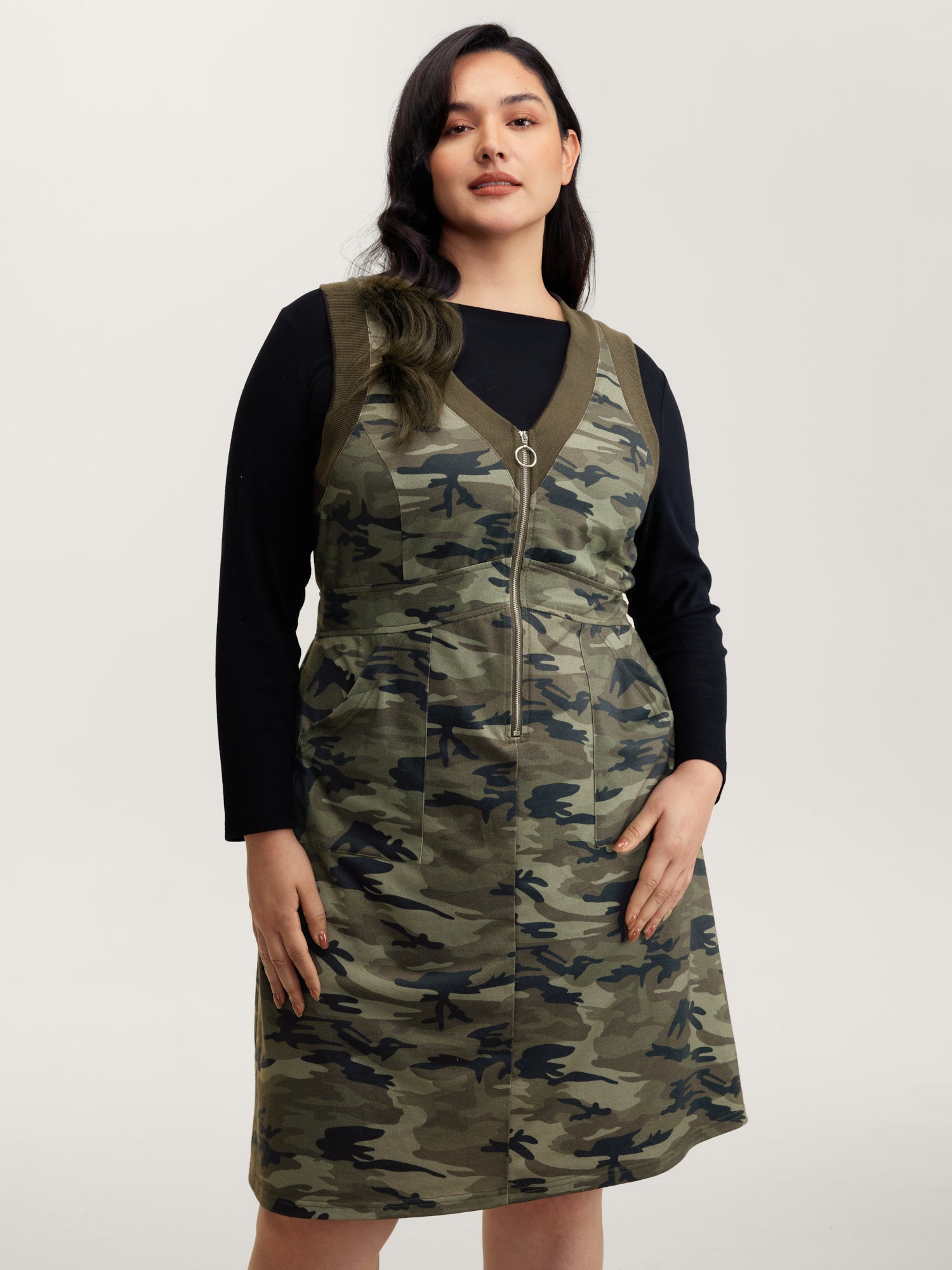 Camouflage Print Zipper Front Pockets Midi Dress