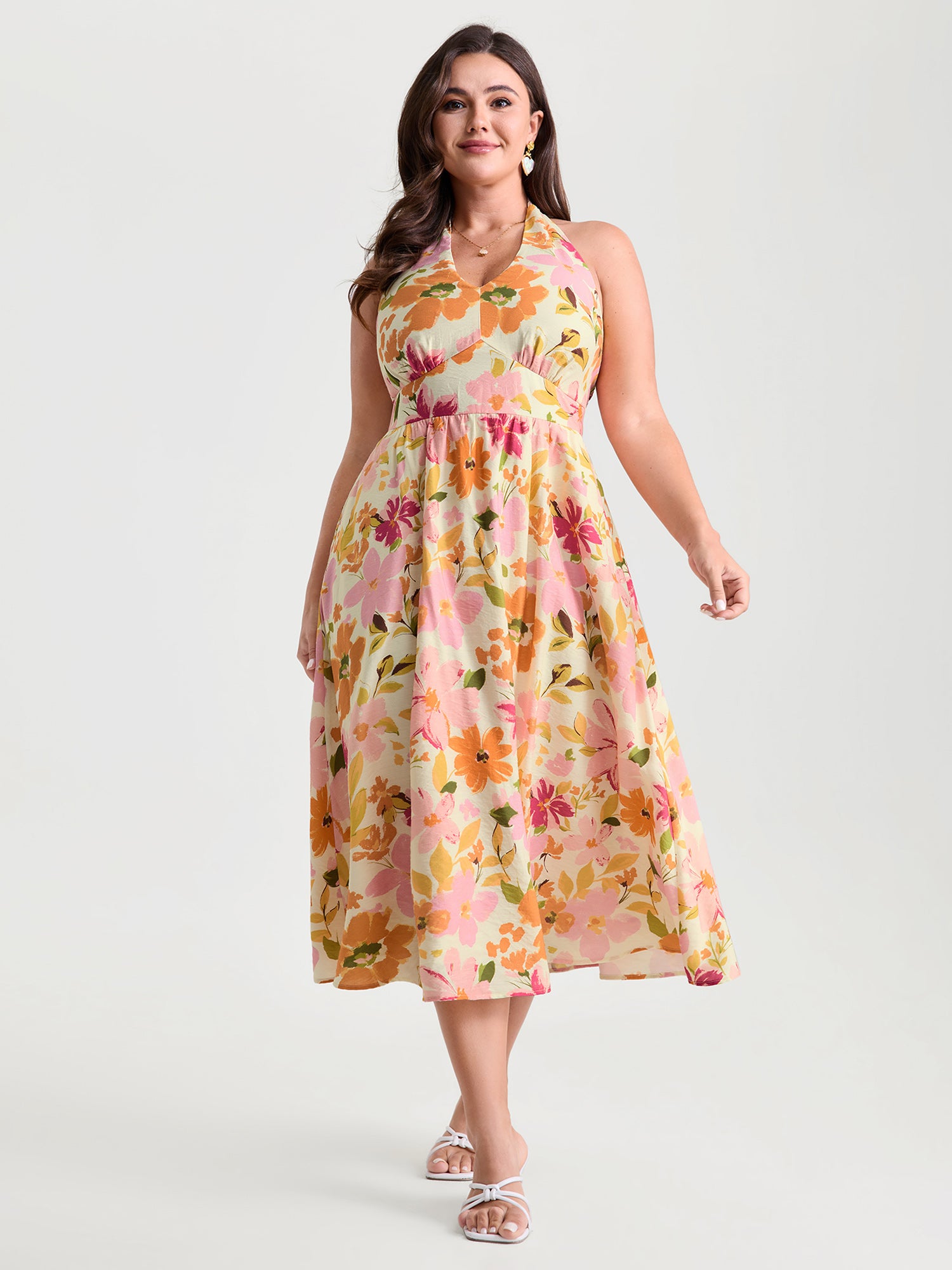 Bright Floral Print Halter Midi Dress
