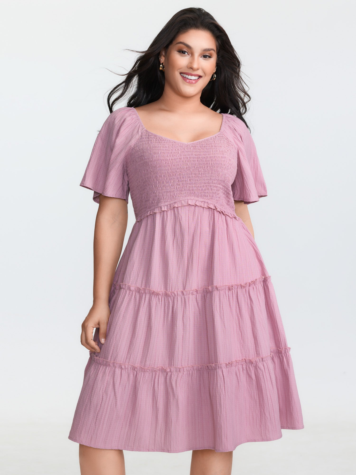 Shirred Bodice Flared Sleeve Pockets Mini Dress