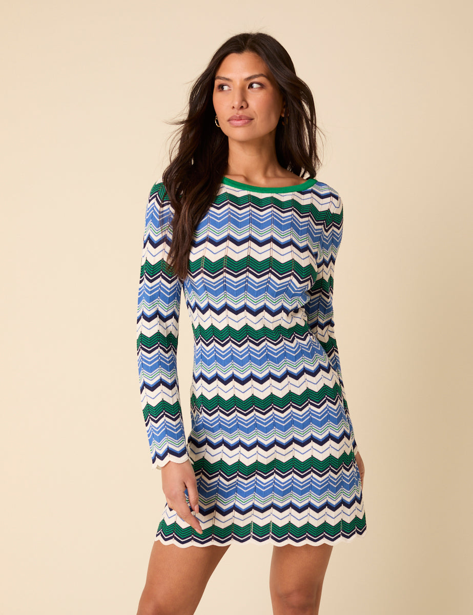 Green And Blue Striped Chevron Mini Dress